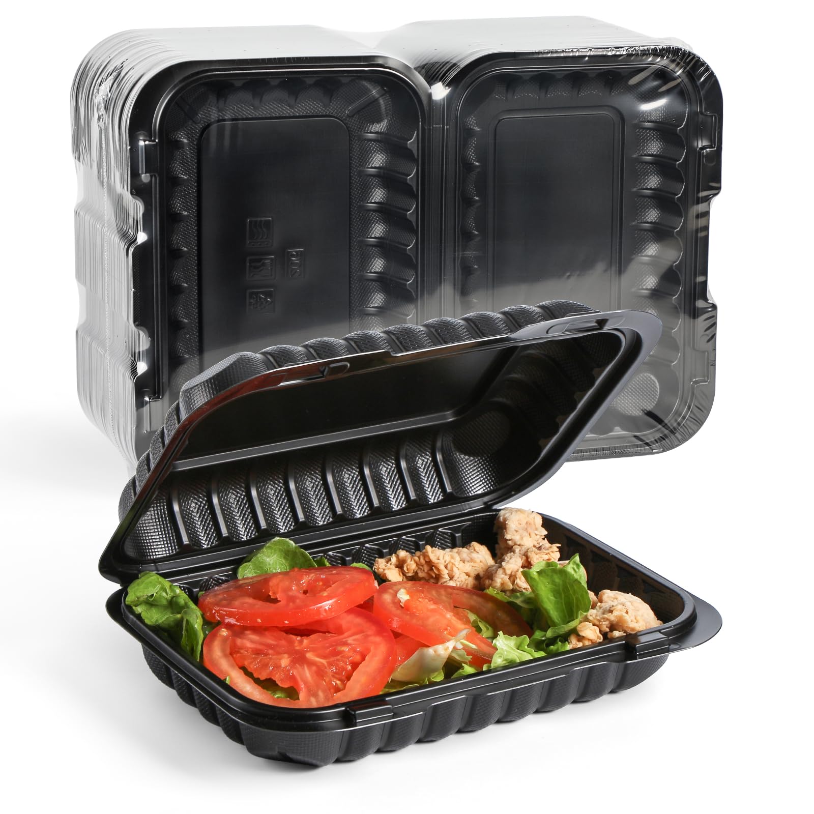YANGRUI Clamshell Take Out Containers, Reusable Shrink Wrap 50 Pack 9 x 6 Inch 28 OZ Plastic Hinged To Go Boxes Microwave Freeze
