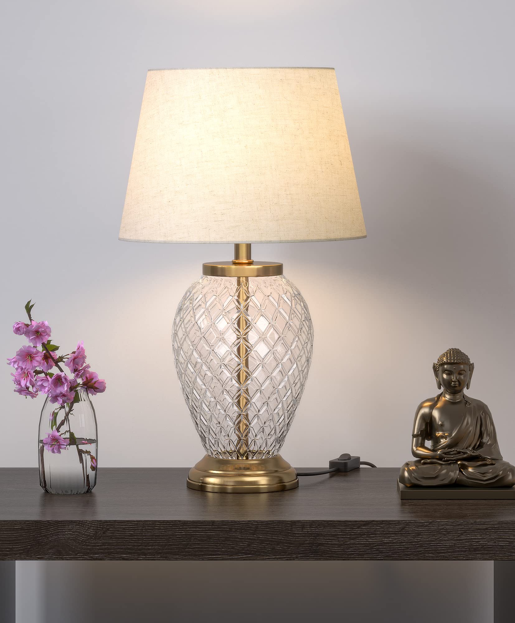 Divine Trends Diamond Cut Glass Led, Incandescant, Cfl, Smart Bulbs Table Lamp Brass Antique Finish 19 Inches Height Off White 1