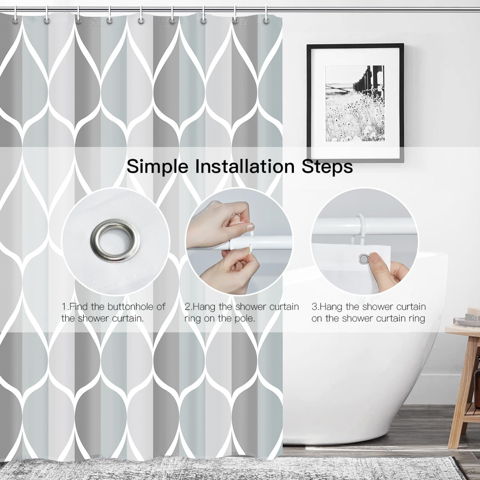 Gelbchu Grey Bath Shower Curtain,Waterproof Design And Polyester,Quick-Drying,Weight Hem,Extra Long Shower Curtain Set For Bathr