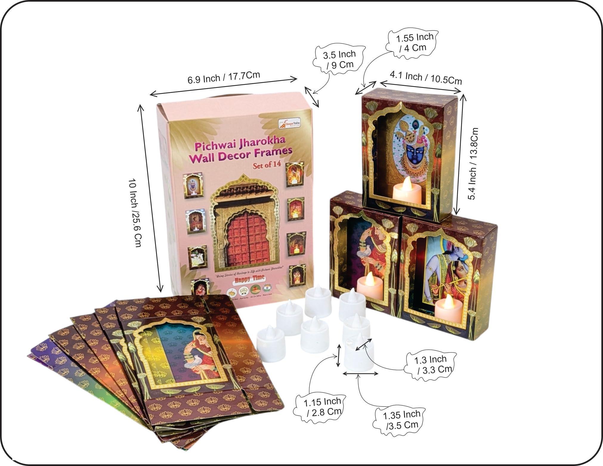 StepsToDo Pitchwai Jharokha Wall Dcor Box Frames (Pack of 14) Deep Deewar With LED Candle, Jharokha Style Wall & Home Decor for