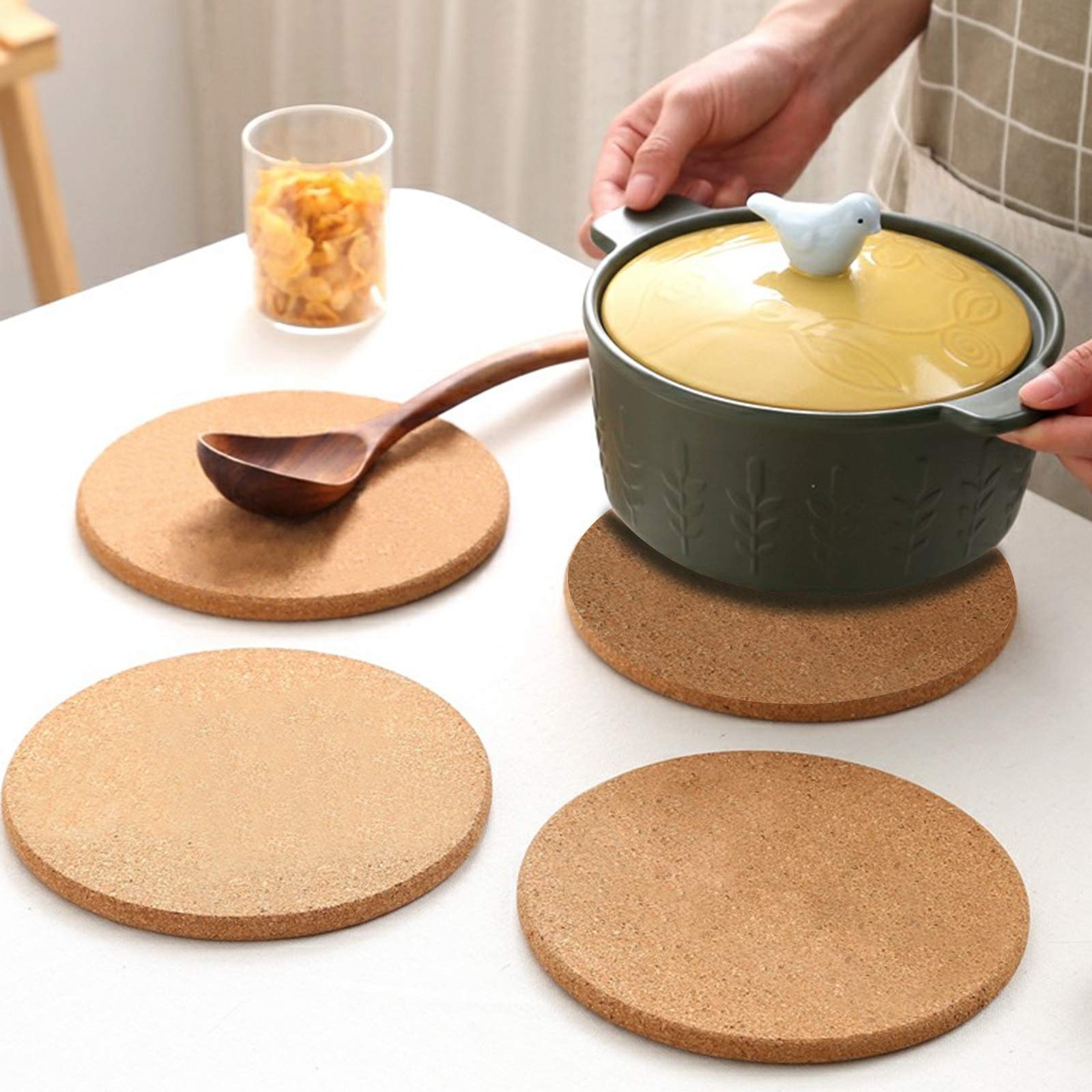 Crchom Cork Trivet 8 Pack Round Cork Hot Pads For Dishes 8'' X 0.4'' High Density Thick, Cork Hot Pads For Kitchen, Heat Resista