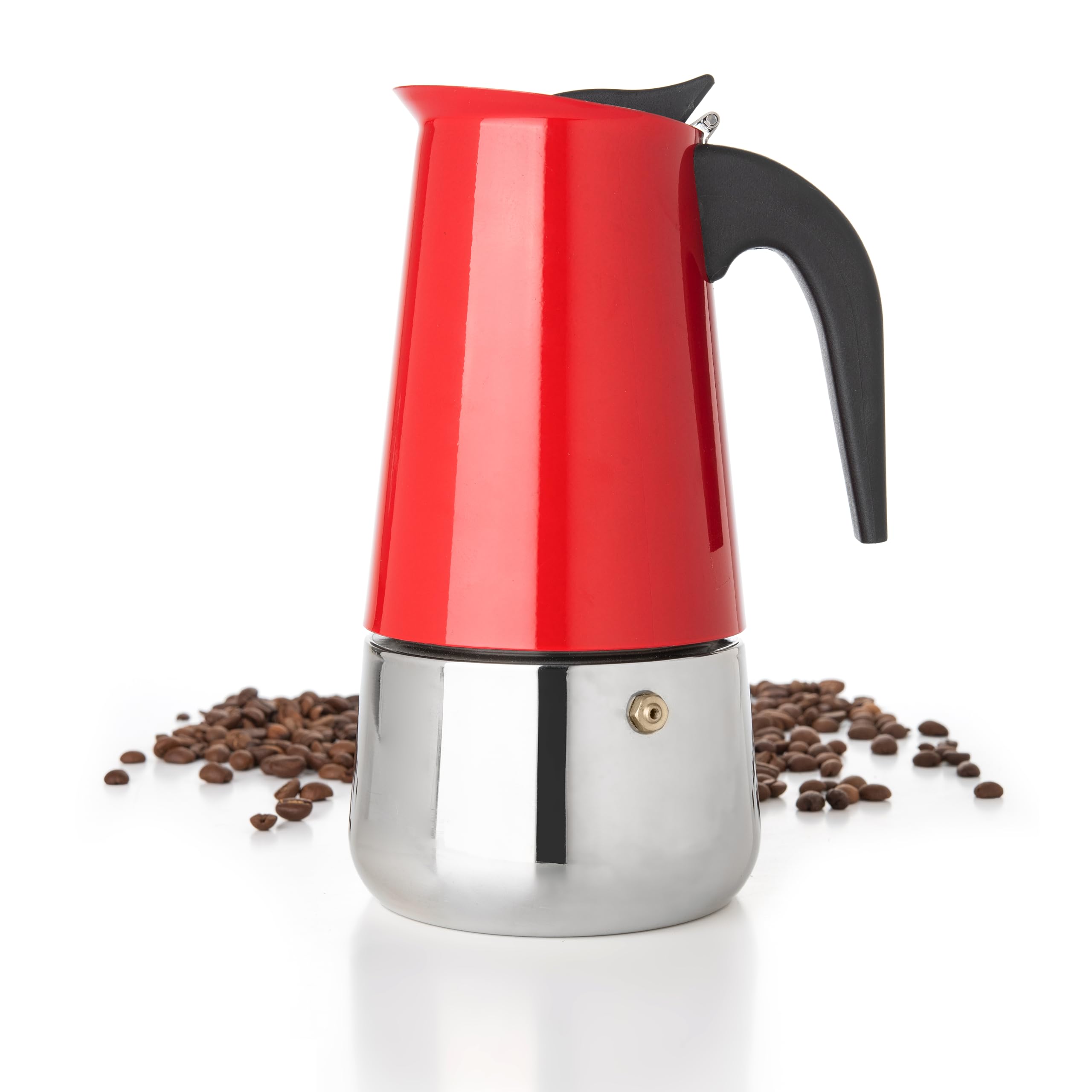 Mixpresso 9 Cup Greca Stovetop Espresso Maker 450Ml/15Oz, Moka Pot With Coffee Percolator Design, Red Stainless Steel Stove Top