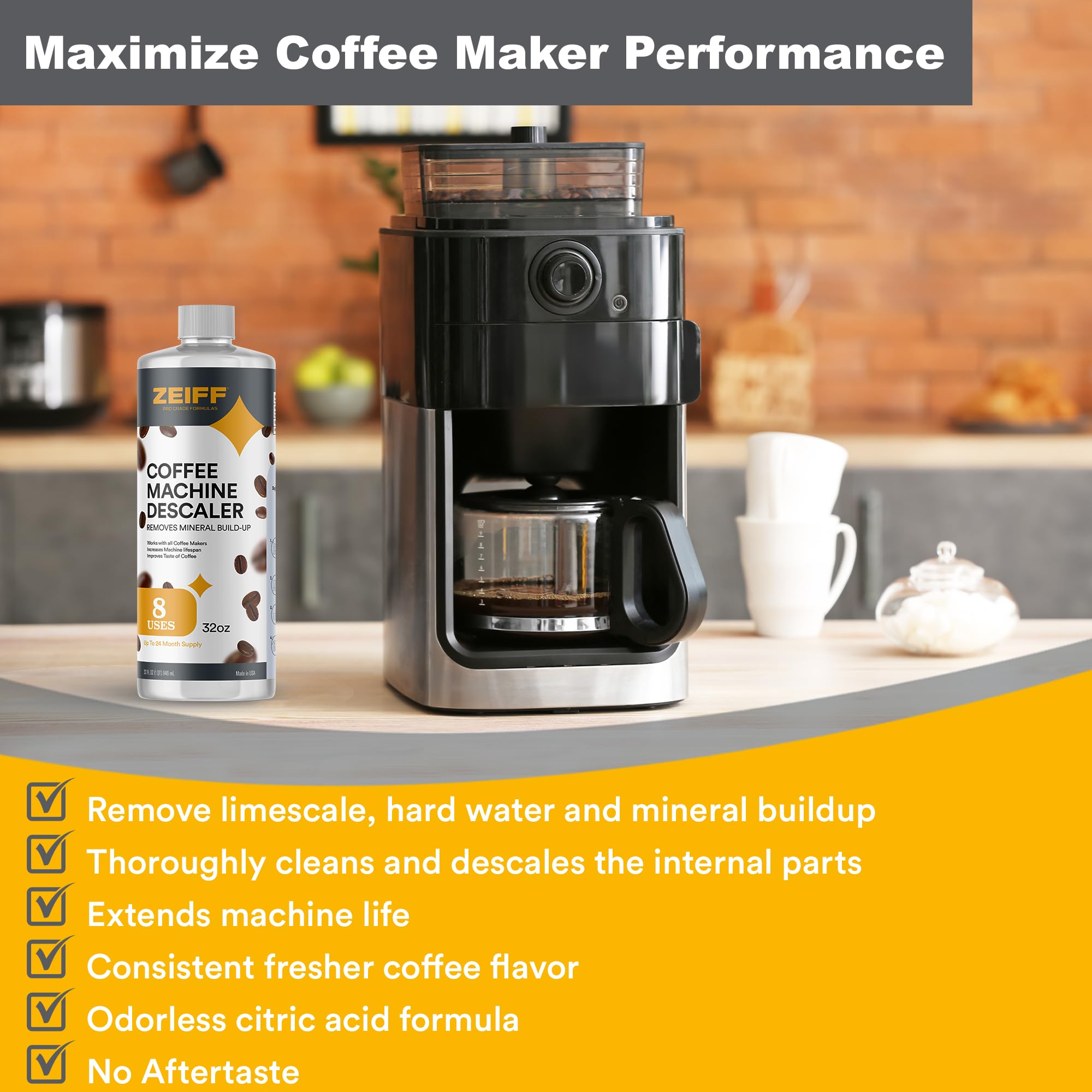Zeiff Coffee Machine Descaler - 32Oz (8 Uses) - Compatible With Nespresso, Breville, Delonghi, Keurig Descaling Solution For Cof