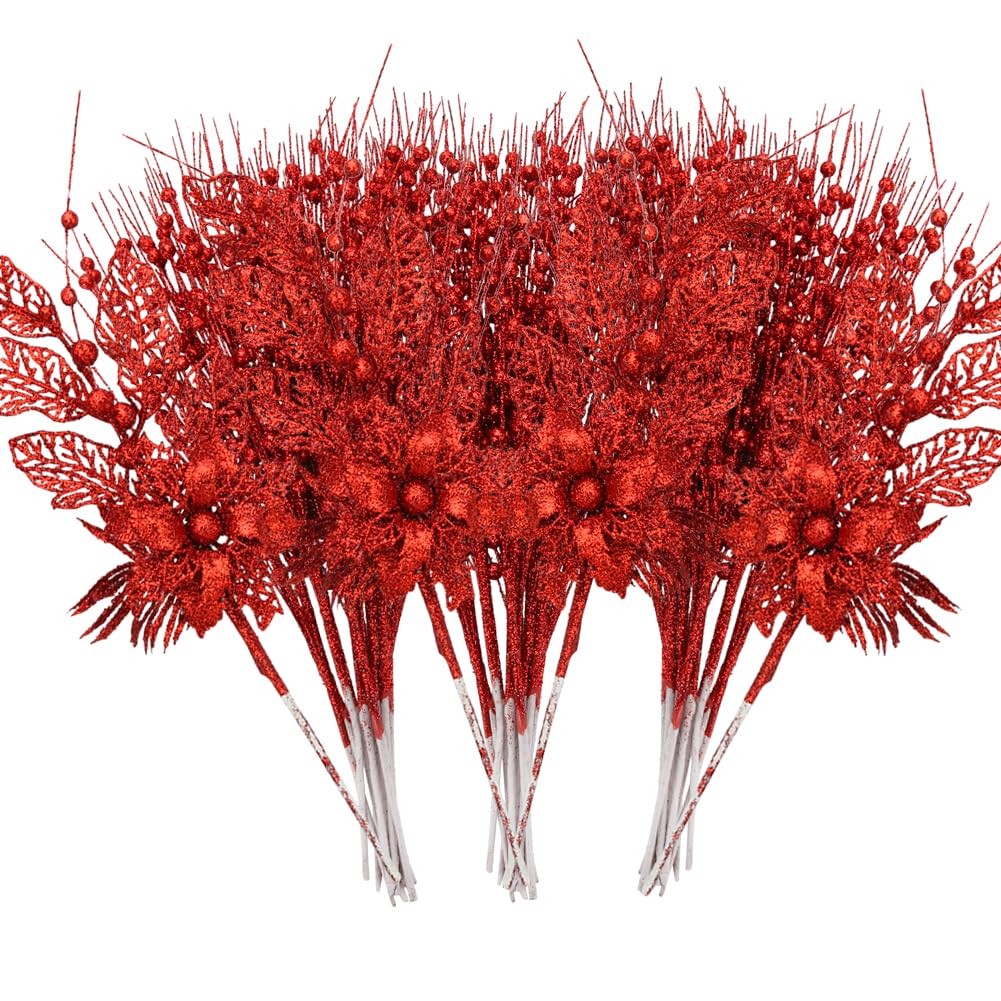 ROSELEAF 28 Pack Red Christmas Tree Ornaments, Artificial Glitter Berry Flowers Stem Branches Picks for Xmas Tree Decoration Gif