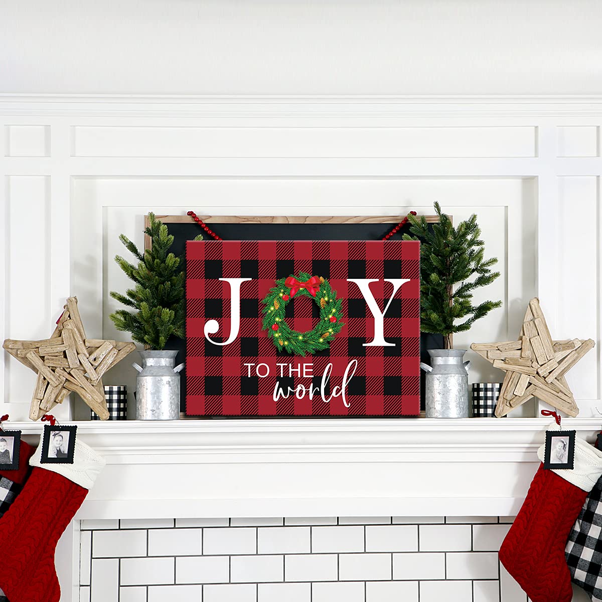 Kairne Christmas Decoration Joy Sign Wall Art(12X16Inch) Rustic Buffalo Plaid Xmas Wreath Canvas Art Print,Holiday Farmhouse Hap