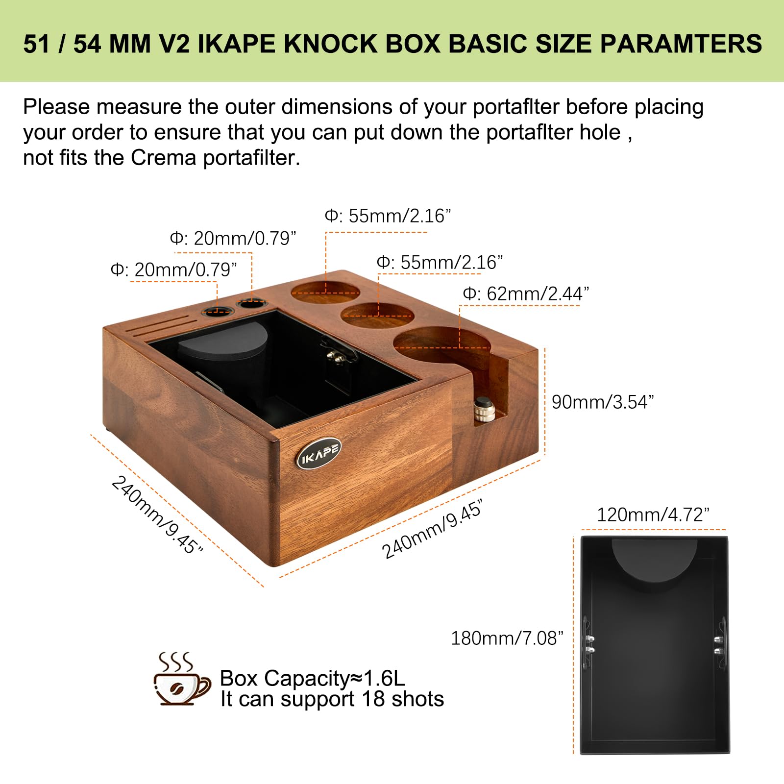 Ikape V2 Espresso Knock Box, 54Mm Espresso Coffee Organizer Box Fit For Storage 51 To 54Mm Espresso Tamper, Distributor, Portafi