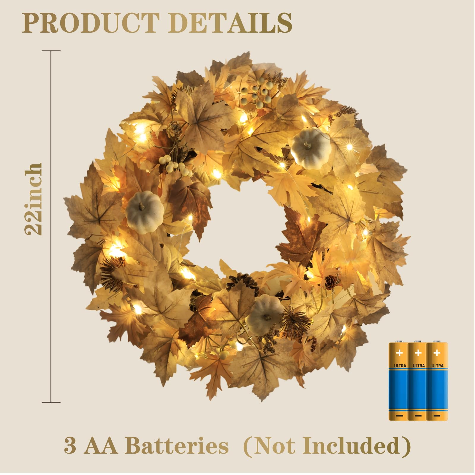 Realistic Fall Wreath with Lights, 22 Fall Wreaths for Front Door with Pumpkins Fall Leaves Berries Pine Cones,Autumn Wreath Fal