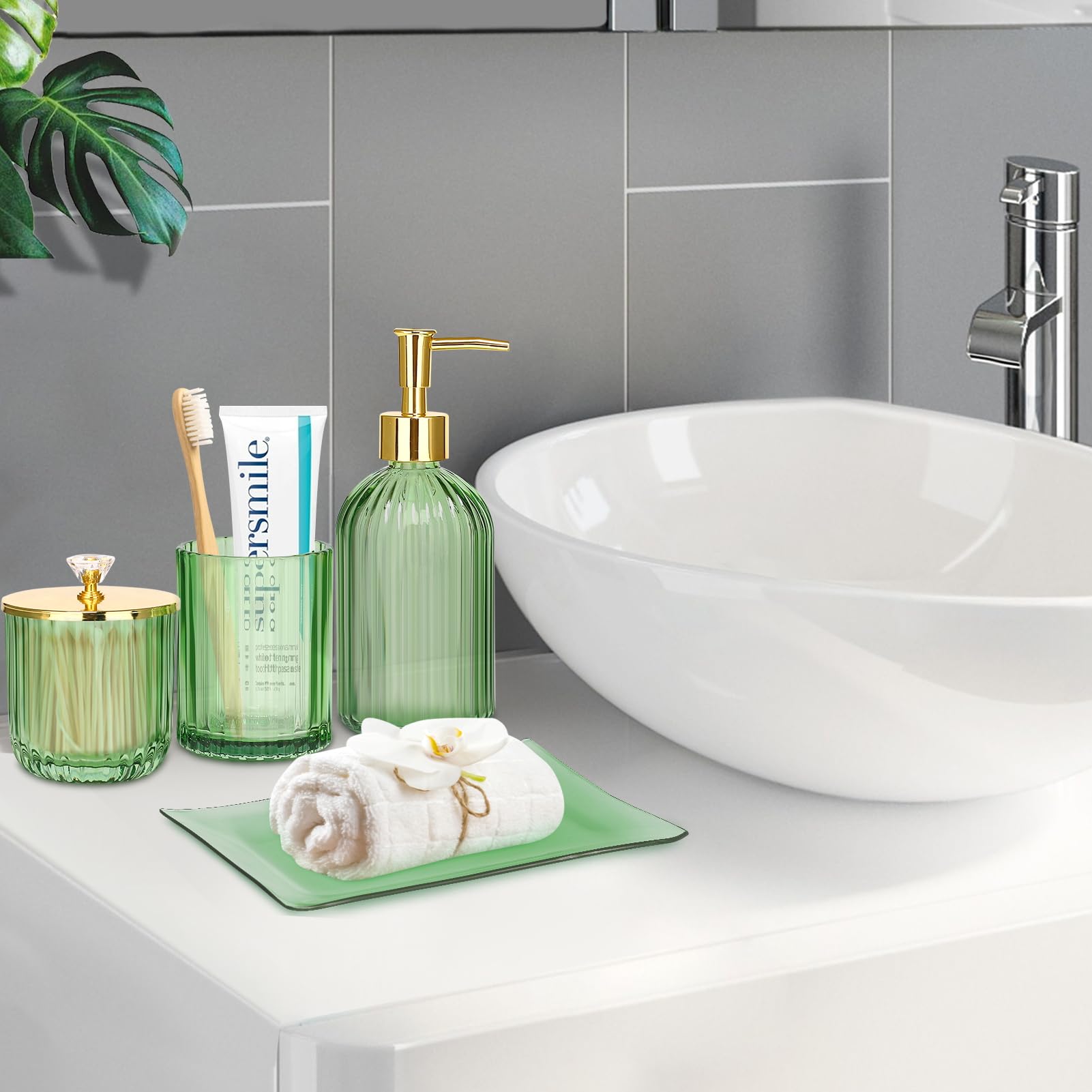 Haturi Bathroom Accessories Set  4 Pcs Green Glass Bathroom Accessories Sets Complete w/Lotion Soap Dispenser  Toothbrush Holder  Apothecary Jar  Vanity Tray  Bathroom Decor  Gift for Home Apartment