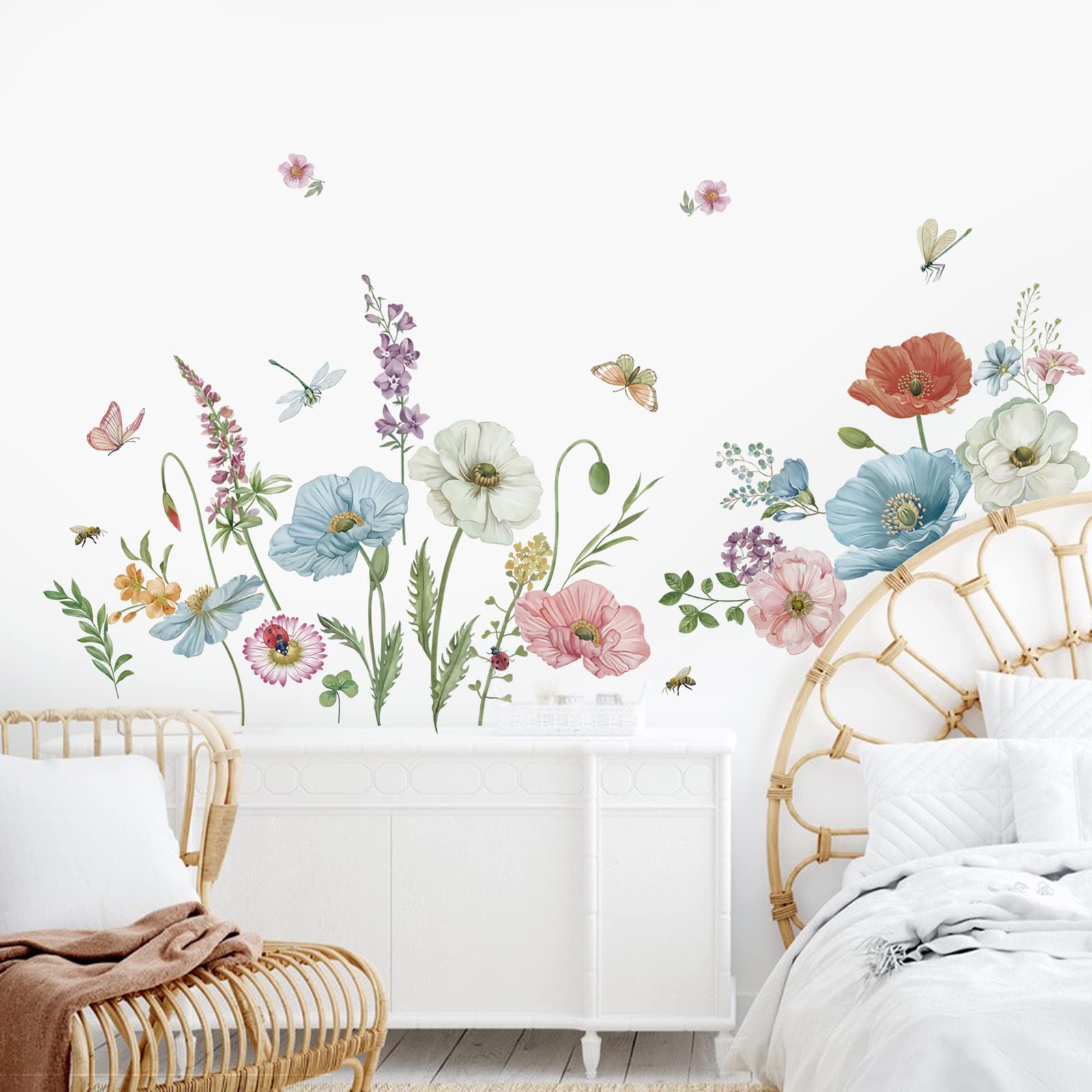 Wondever Watercolor Poppy Floral Wall Stickers Garden Flower Peel And Stick Wall Art Decals For Bedroom Living Room Tv Wall