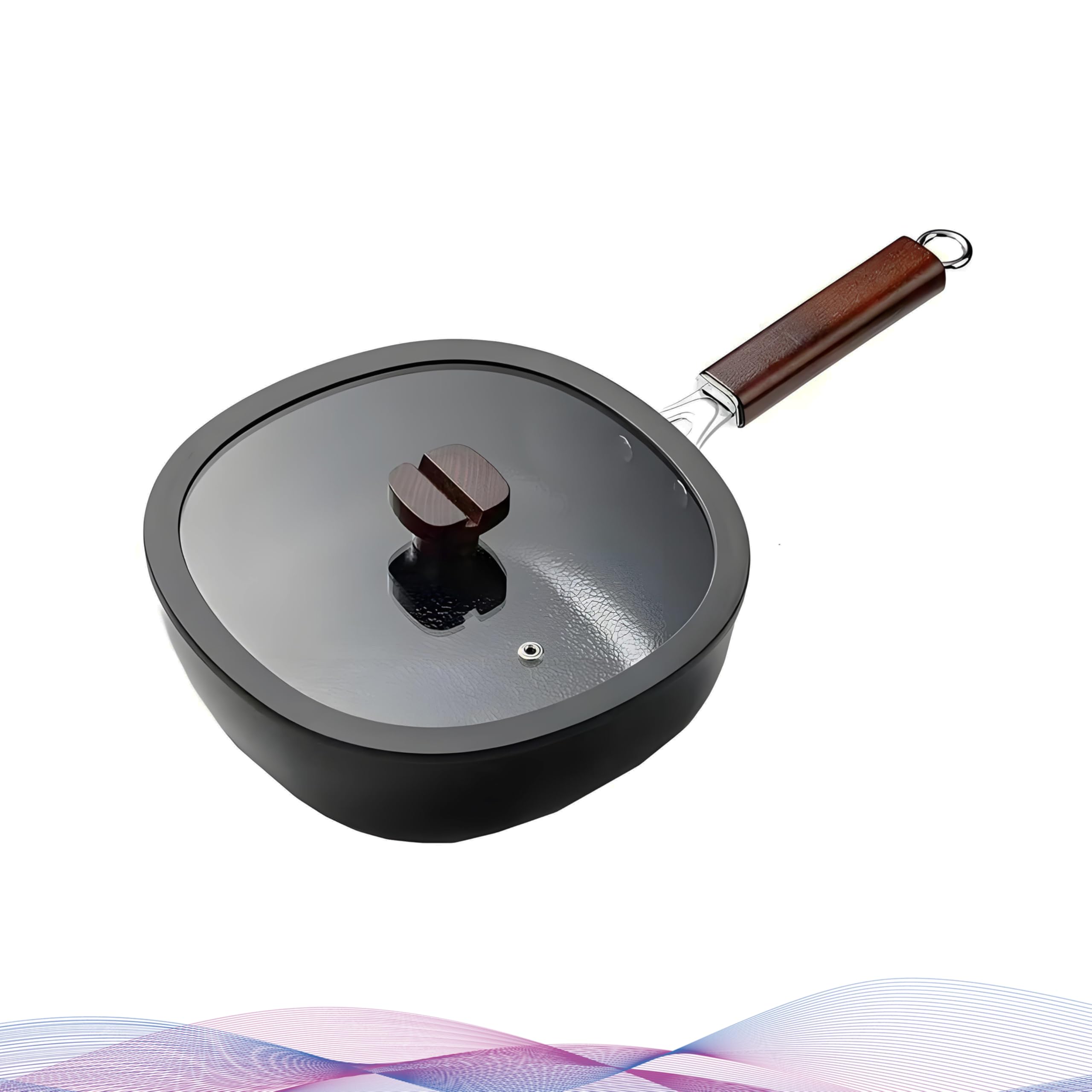 LNTJOQXBM Square Nonstick Iron Wok with Glass Lid, 2QT CoatingFree StirFry Pot, Induction Ready, Japanese Wooden Handle Saucep