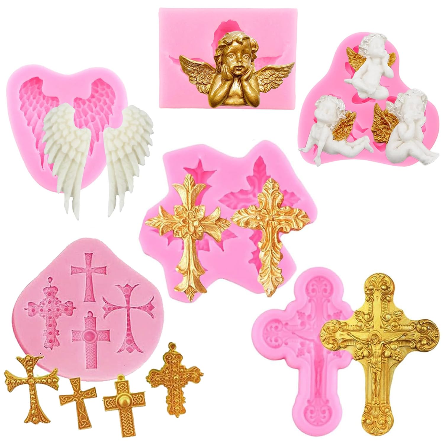 Aramola 6Piece Silicone Mold Set for Baptism Cakes, Crosses and Angel Wings Fondant Chocolate Candy Decoration