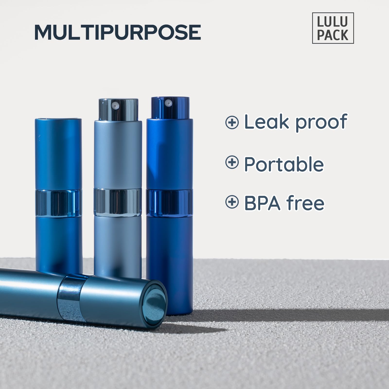 Lulupack Refillable Travel Perfume Bottle Set - 8ml Mini Atomizers, Aluminum, Blue Series - Portable Fragrance Dispenser for Men & Women (4PCS)