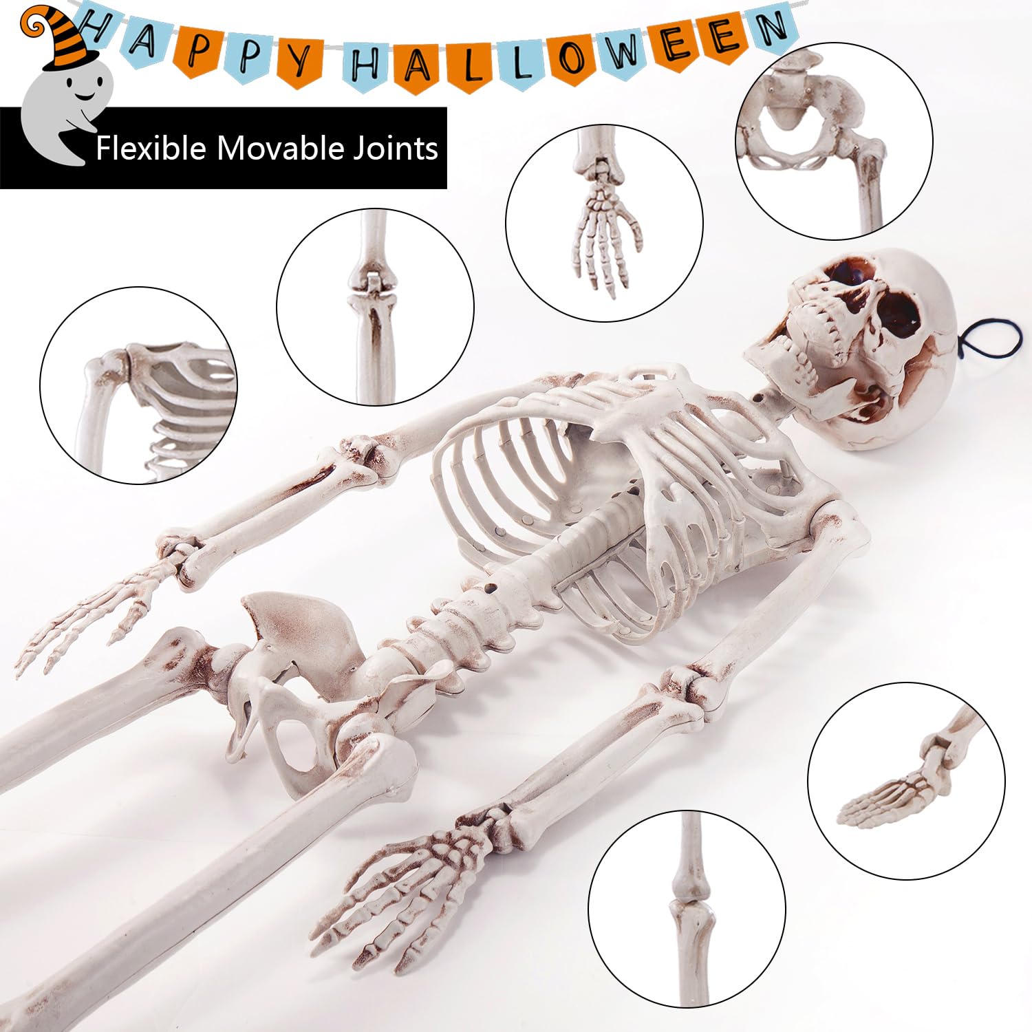 Jialwen 36'' Halloween Posable Skeleton Decorations, 3Ft Realistic Plastic Human Full Body Bones With Movable Joints Skeleton Fo