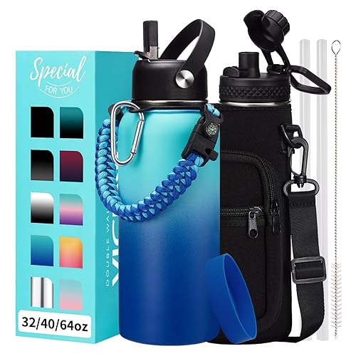 32oz/40oz/64oz Insulated Water Bottles - Vacuum Double Walled Cold-48H Hot-24H  Water Bottle w/Straw & Chug Lid  Paracord Handle  Bottle Carrier  Stainless Steel Water Flask Mug for Sport Gym Yoga