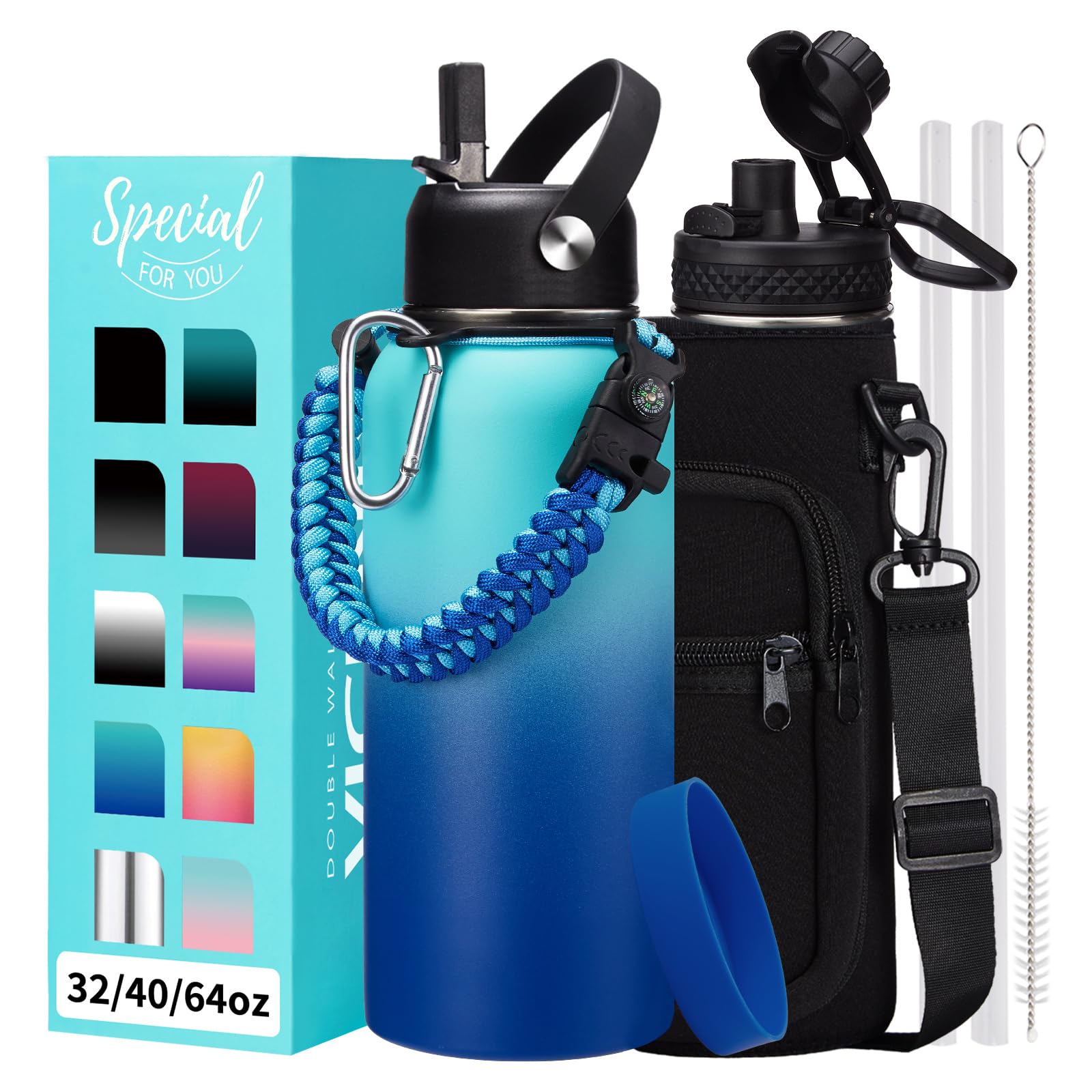 32oz/40oz/64oz Insulated Water Bottles - Vacuum Double Walled Cold-48H Hot-24H  Water Bottle w/Straw & Chug Lid  Paracord Handle  Bottle Carrier  Stainless Steel Water Flask Mug for Sport Gym Yoga