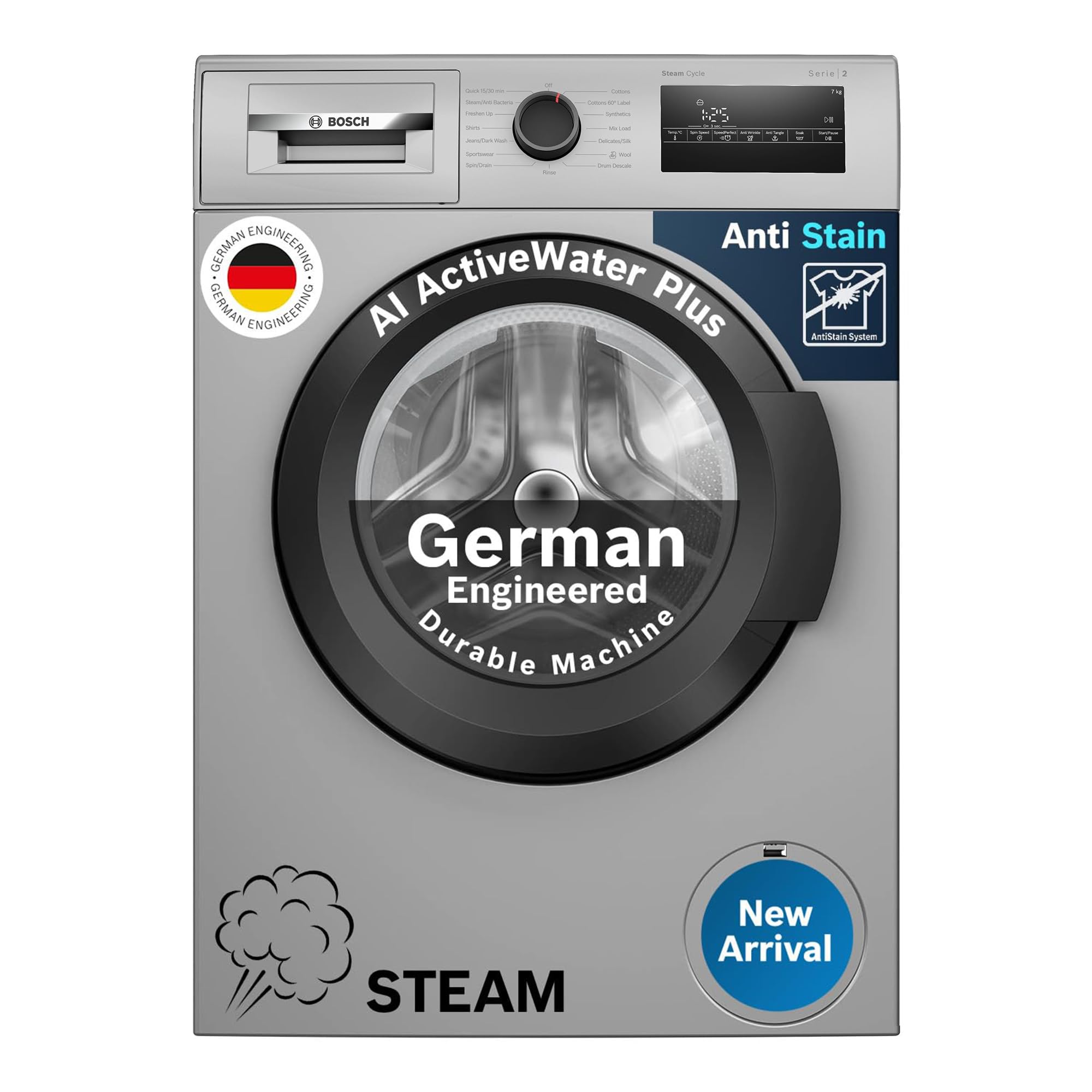 Bosch 7 Kg 5 Star Front Load FullyAutomatic Washing Machine, Antibacterial Tech, Ai Activewater, 15 Wash Programs, 53L Large Dr