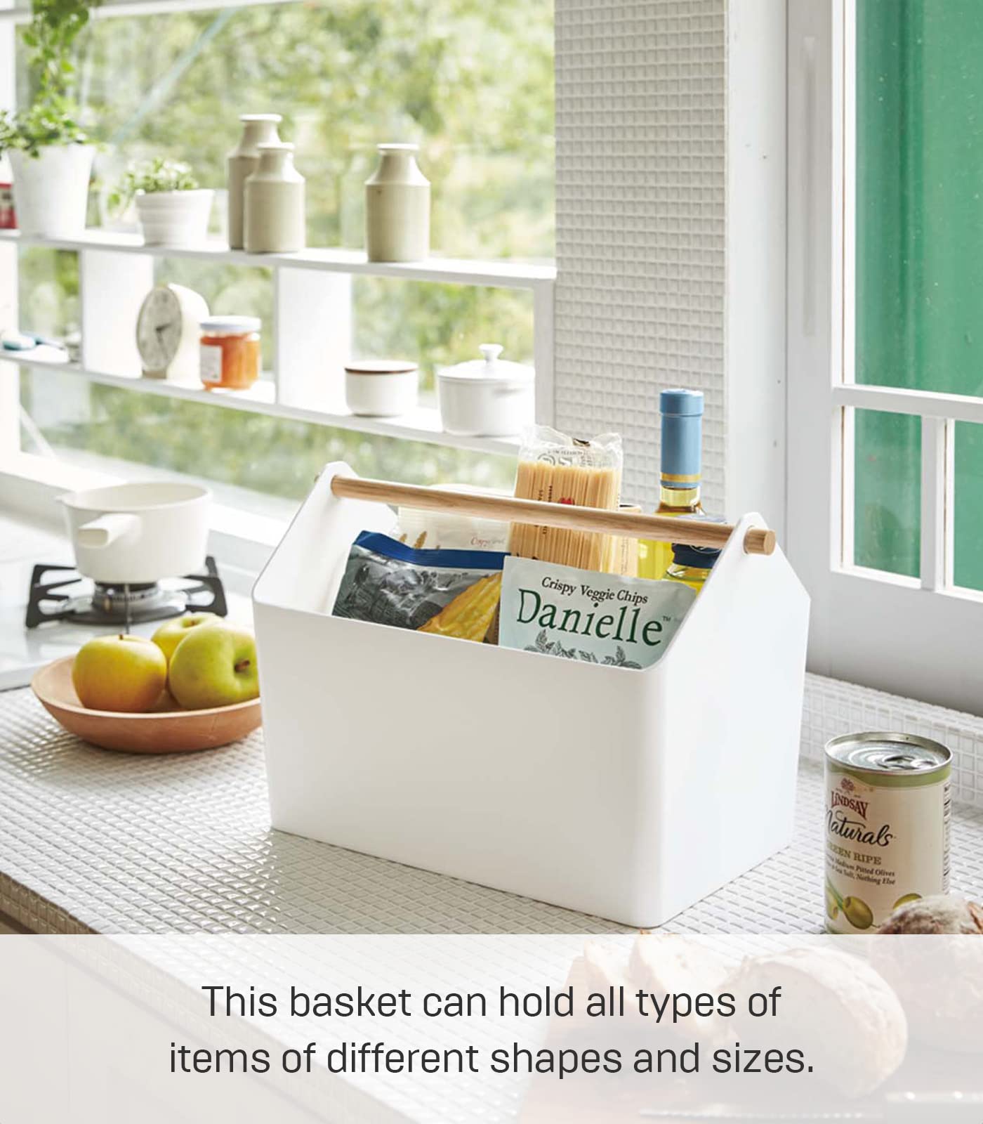 Yamazaki Home Storage Organizer/Cleaning Caddy/Storage Basket With Handle Plastic + Wood One Size White