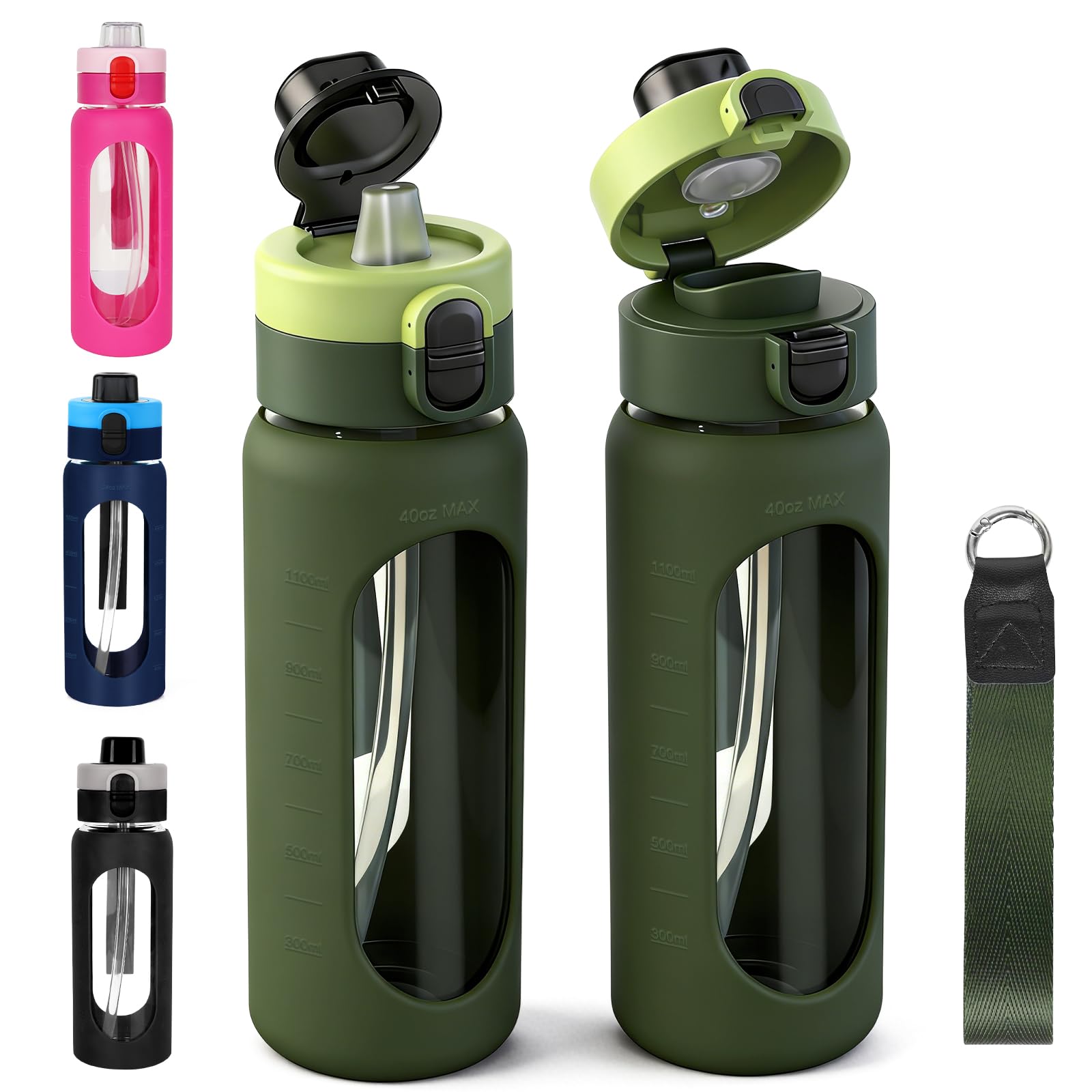 ANOTION 40oz Glass Water Bottle with Straw& Silicone Sleeve, Green