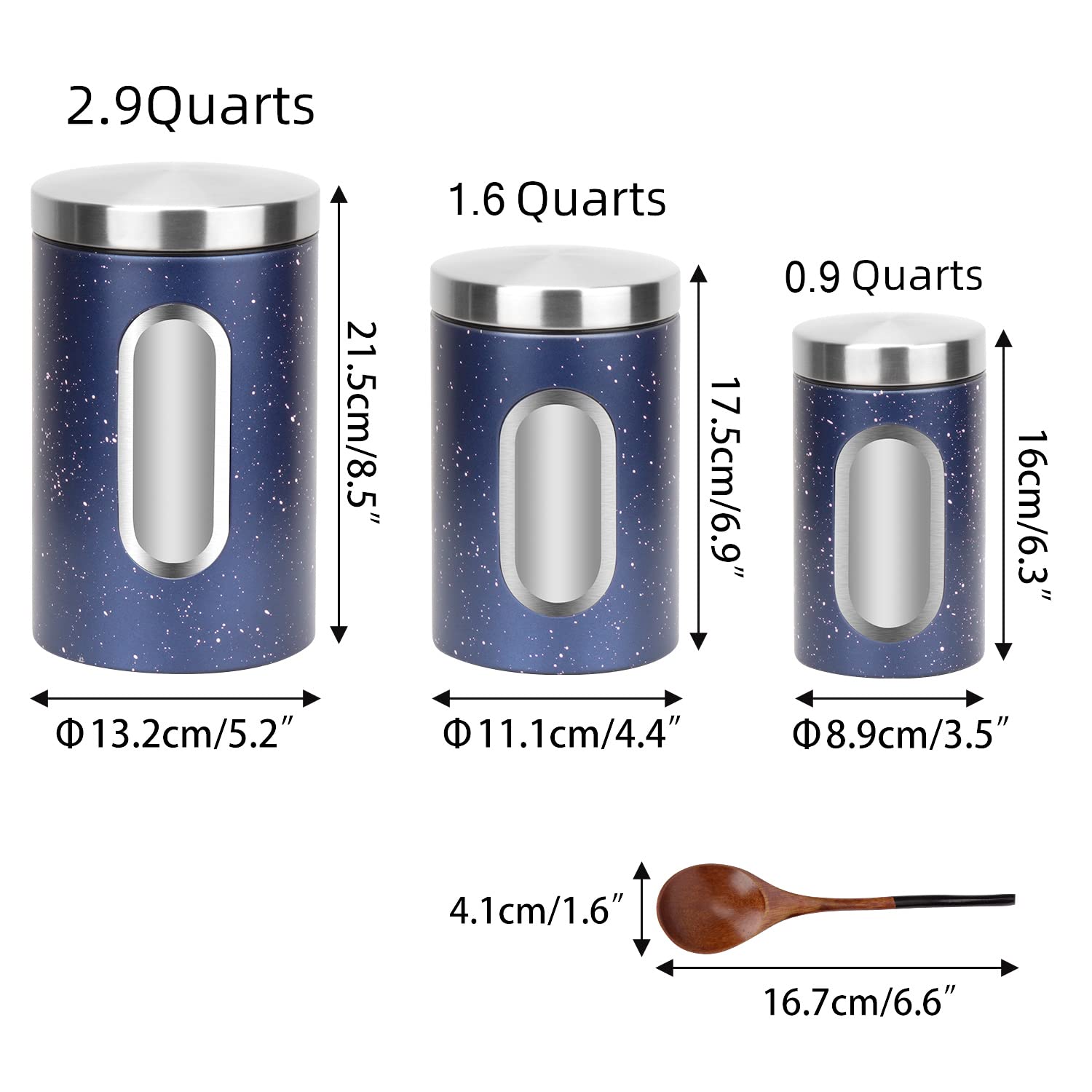 Aeunkiuo Black Kitchen Counter Canister Set 3 Pieces, 0.9/1.6/2.9 Quarts Stainless Steel Flour Sugar Tea Coffee Biscult Storage