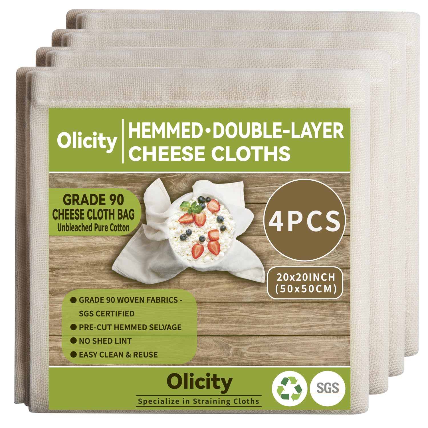 Olicity Cheese Cloths, 4Pack, Double-Layer, 20x20Inch, Reusable Grade 90 Cheese Cloth Bag for Straining, Hemmed Unbleached Cotto