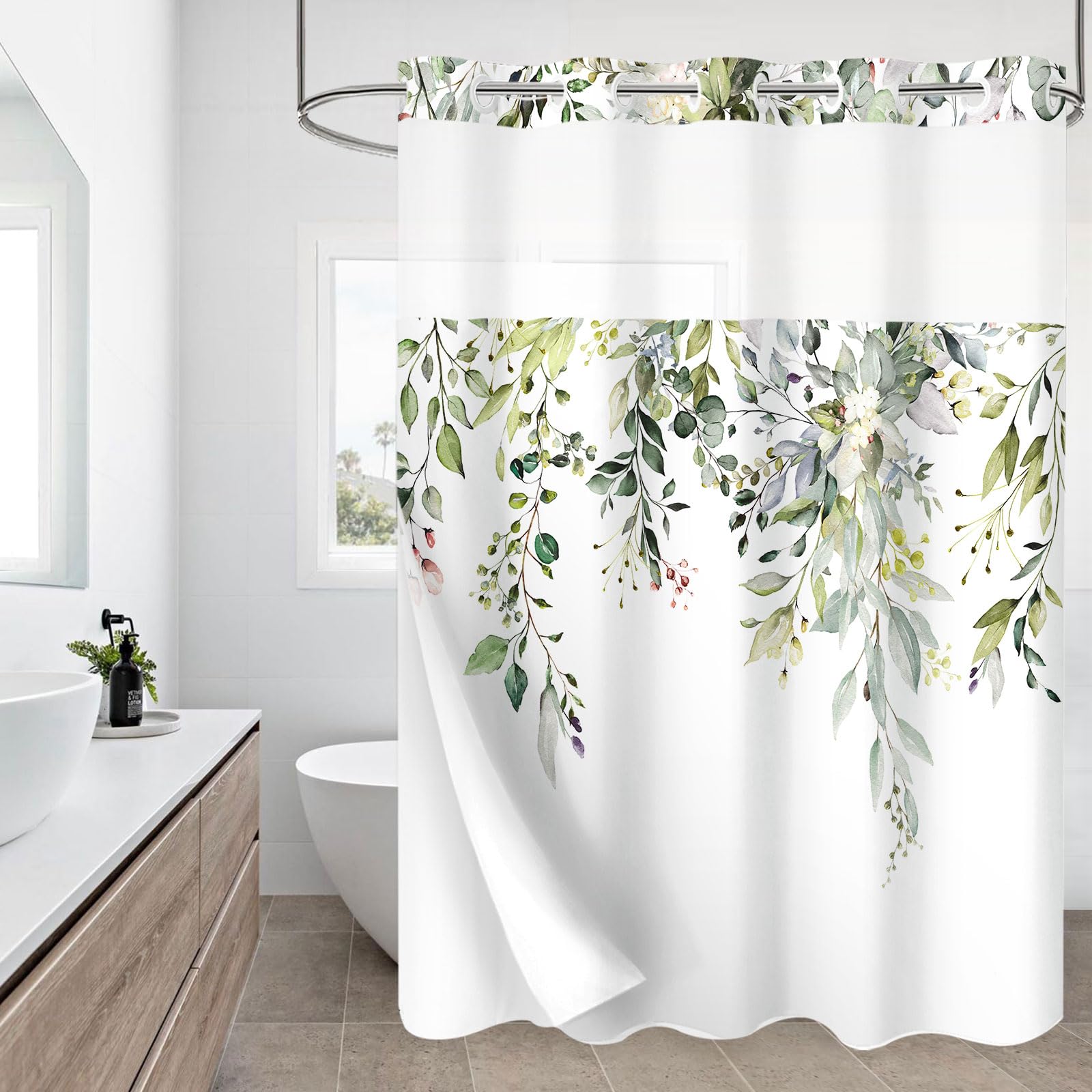 Gibelle No Hook Shower Curtain With Snap-In Fabric Liner Set For Bathroom, Hotel Style Sage Green Eucalyptus Leaves Shower Curta