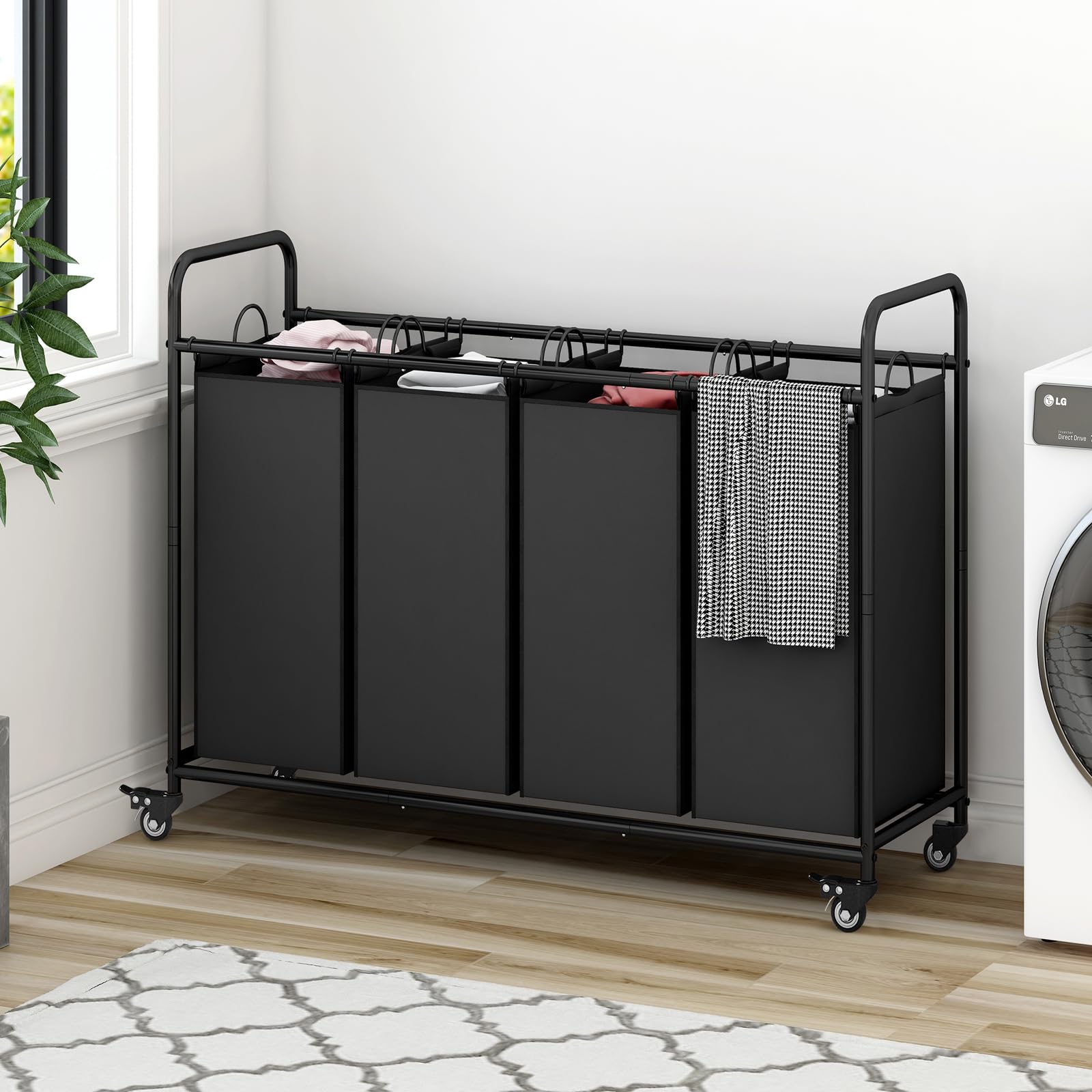 Linzinar 4 Bag Laundry Basket Sorter Laundry Hamper Cart With Heavy Duty Rolling Lockable Wheels And Removable Bags,Black