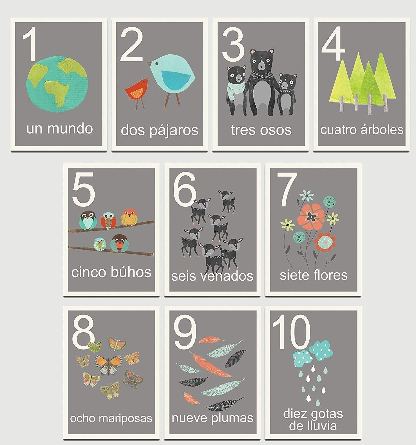Children Inspire Design Our World Counting Cards in Spanish, Number Flash Cards, Set of Ten 11x14 Inch Print Wall Art Prints, Nu
