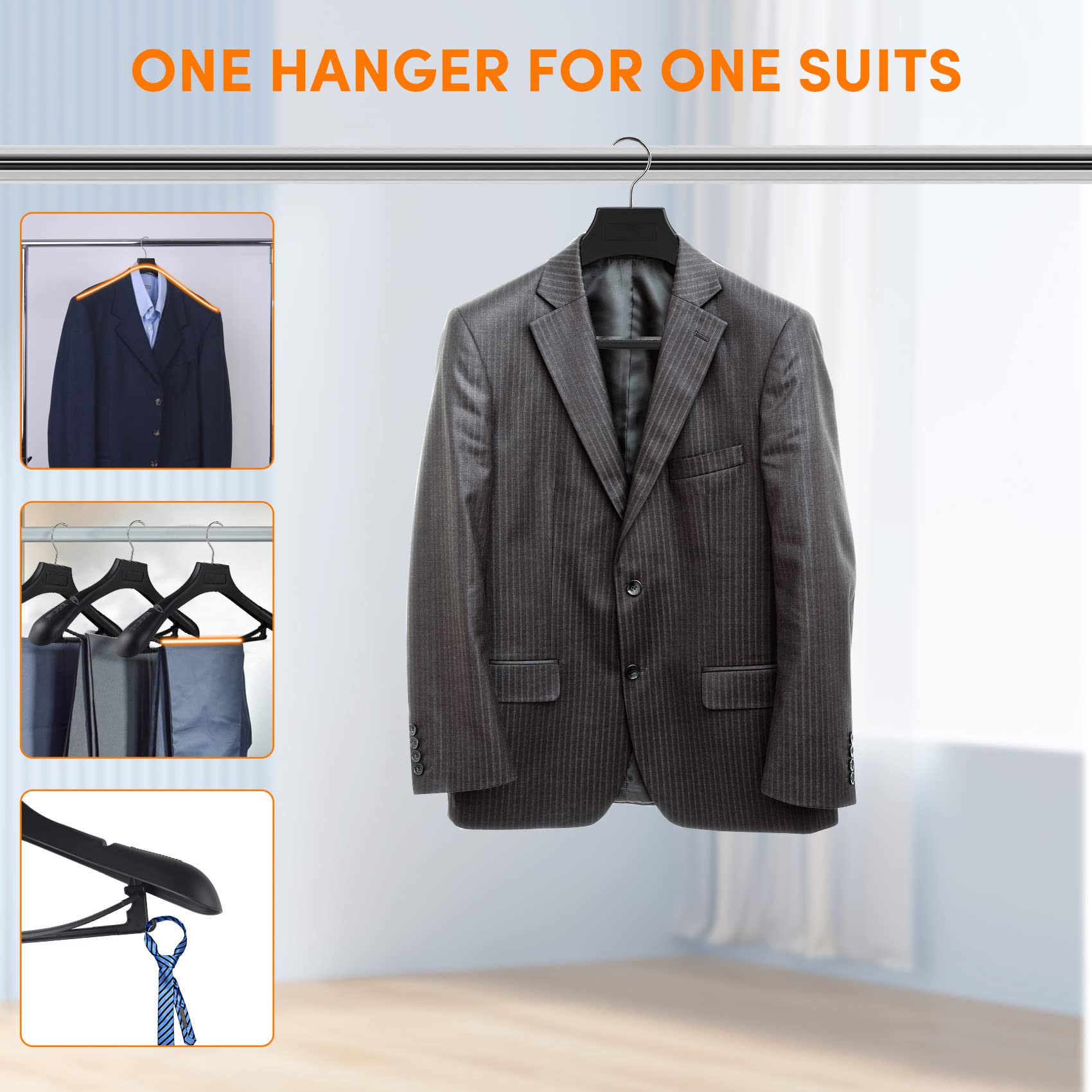 Dedu Suit Hangers For Men 50 Pack, Extra Wide Hangers Non Slip Width 17.7'', Black Coat Hangers Thick Plastic With Pants Bar 360