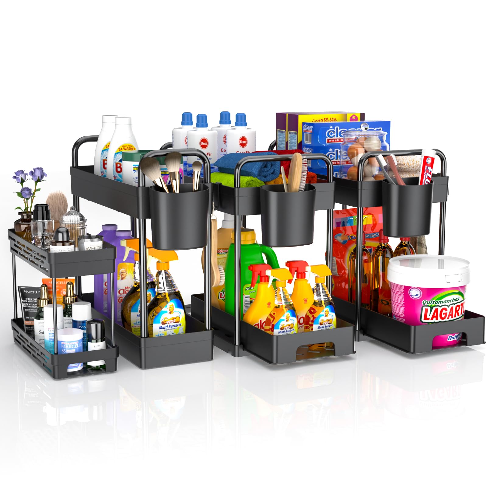 Zizoti 4 Pack Under Sink Organizer And Storage - Stackable 3 Size 2 Tier Bathroom Under The Sink Organizers Multi-Usage Kitchen