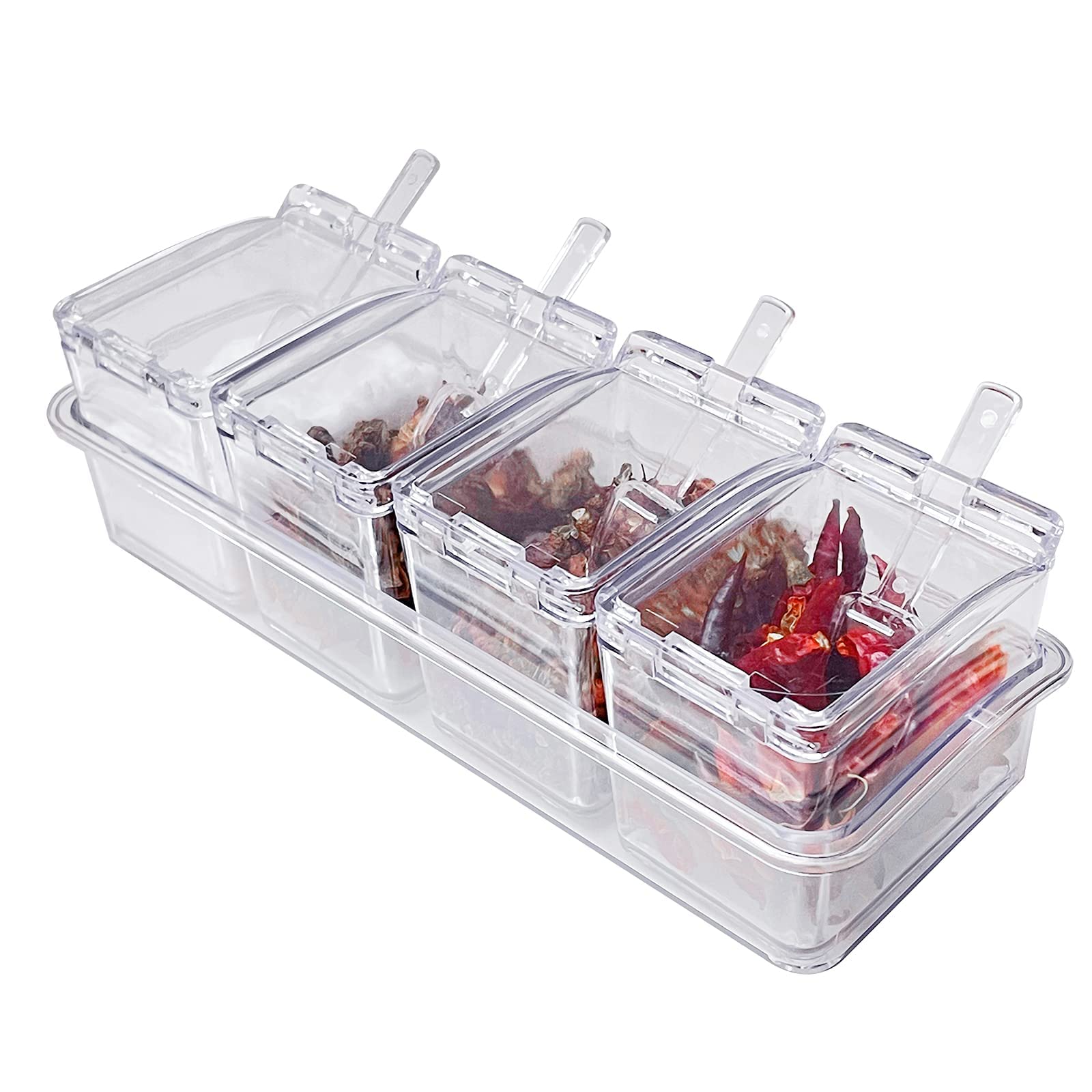 XINGWANG 2 Pieces of Kitchen Transparent Seasoning Box, Spice Jar, Plastic Storage Container, with Lid and Spoon