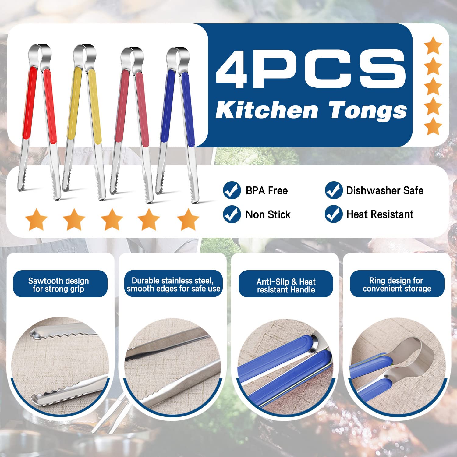 4Pcs Stainless Steel Kitchen Tongs, Serving Tongs For Cooking, 10 '' Metal Food Tongs With Non-Slip Comfort Grip, Non-Stick Cook