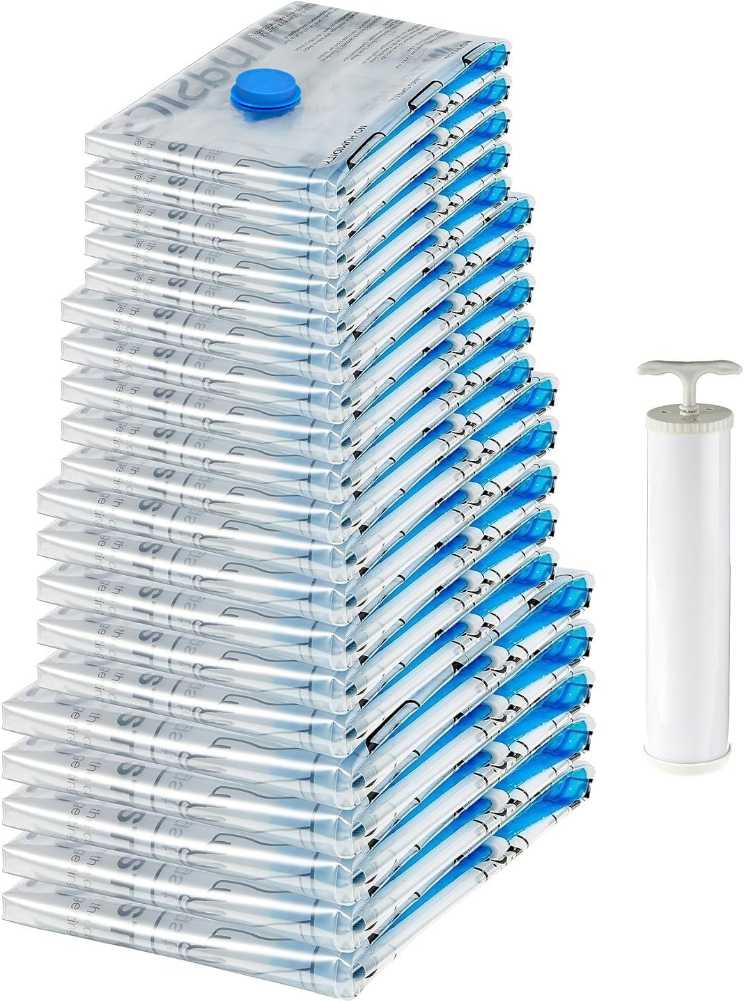 Amazon Basics Vacuum compression Storage Bags with Hand Pump  20 Pack (5 Small  5 Medium  5 Large & 5 Jumbo)  Multiple Size  clear