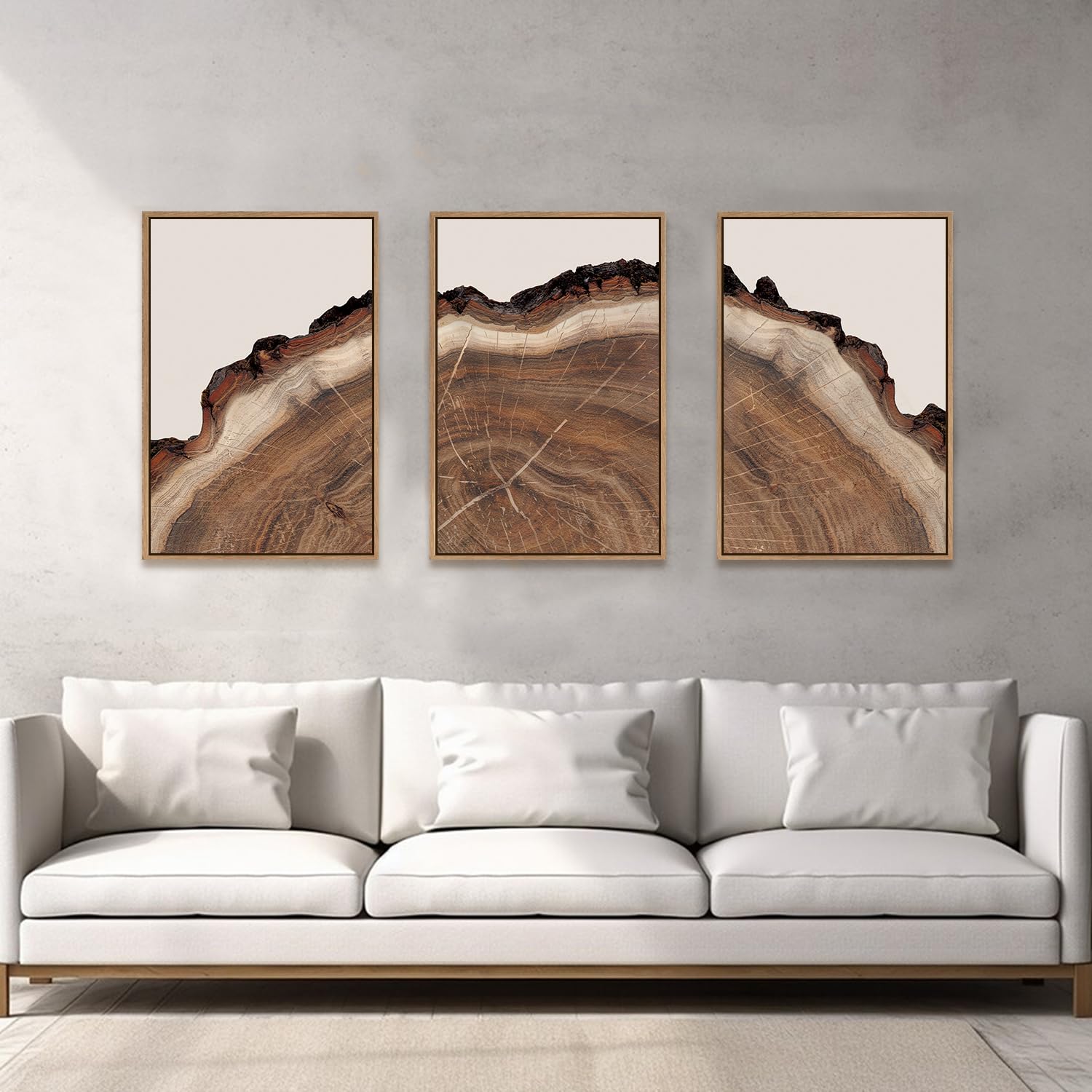 Hpinub Tree Rings Wood Wall Art Framed Set, Modern Beige Wood Stump Wall Decor, Abstract Tree Spiral Wall Painting,Nature-Inspir