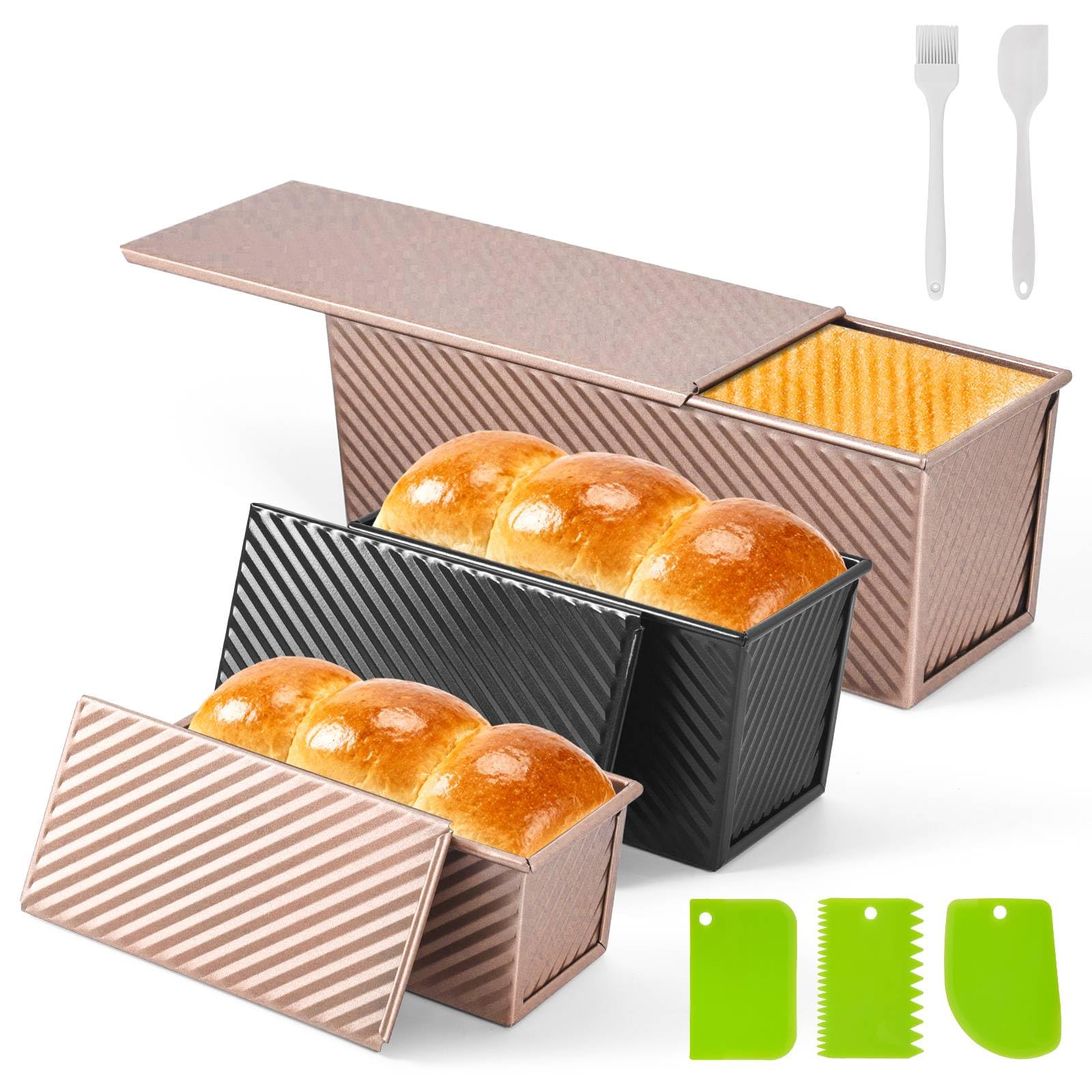 JPPSUJJ 3 PCS Pullman Loaf Pan with Lid, 2.2 lb & 1 lb & 0.8 lb Dough Capacity, Nonstick Carbon Steel Sandwich Bread Pans with C