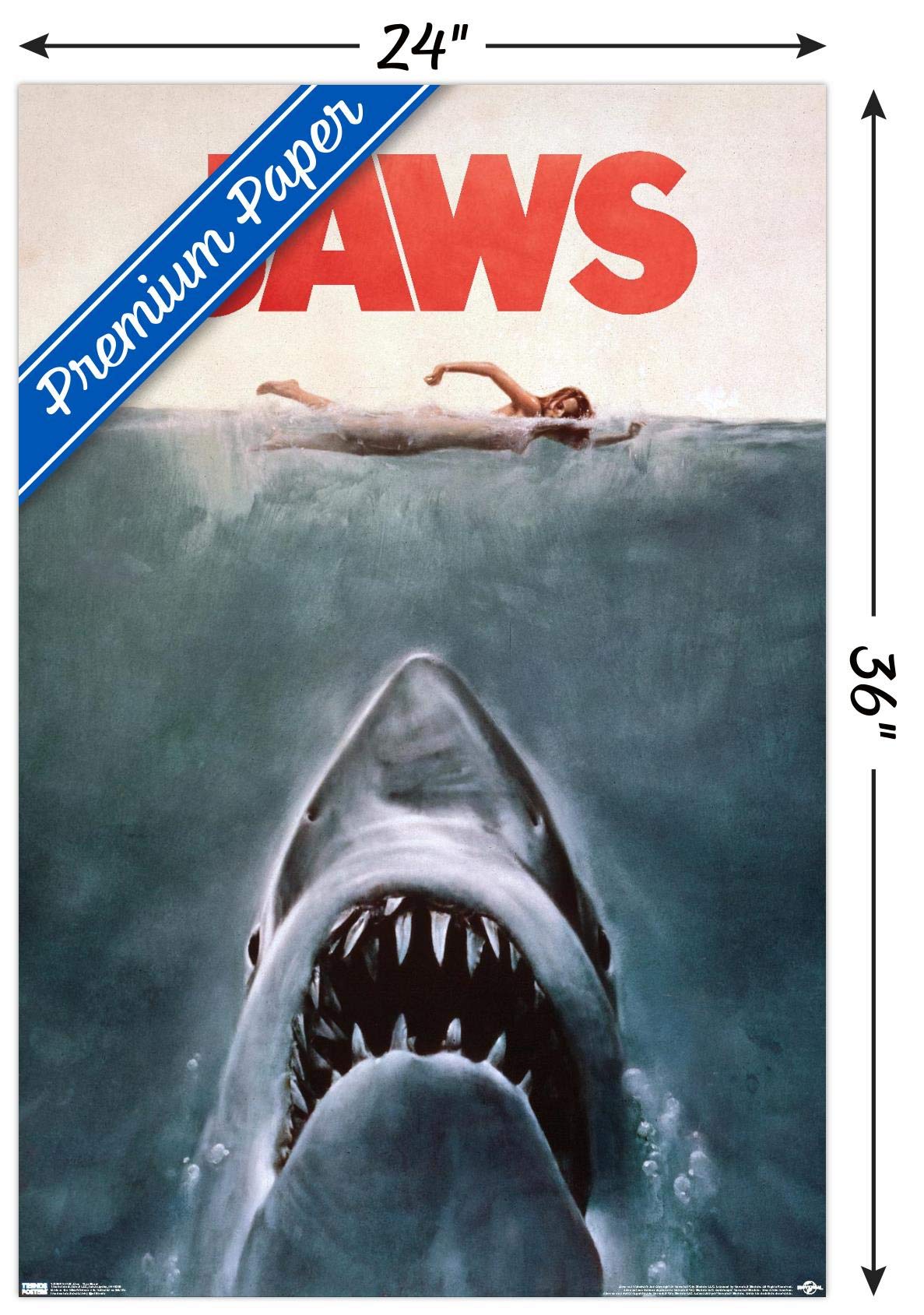 Trends International 24X36 Jaws - One Sheet Wall Poster, 24'' X 36'', Premium Unframed Version For Bedroom