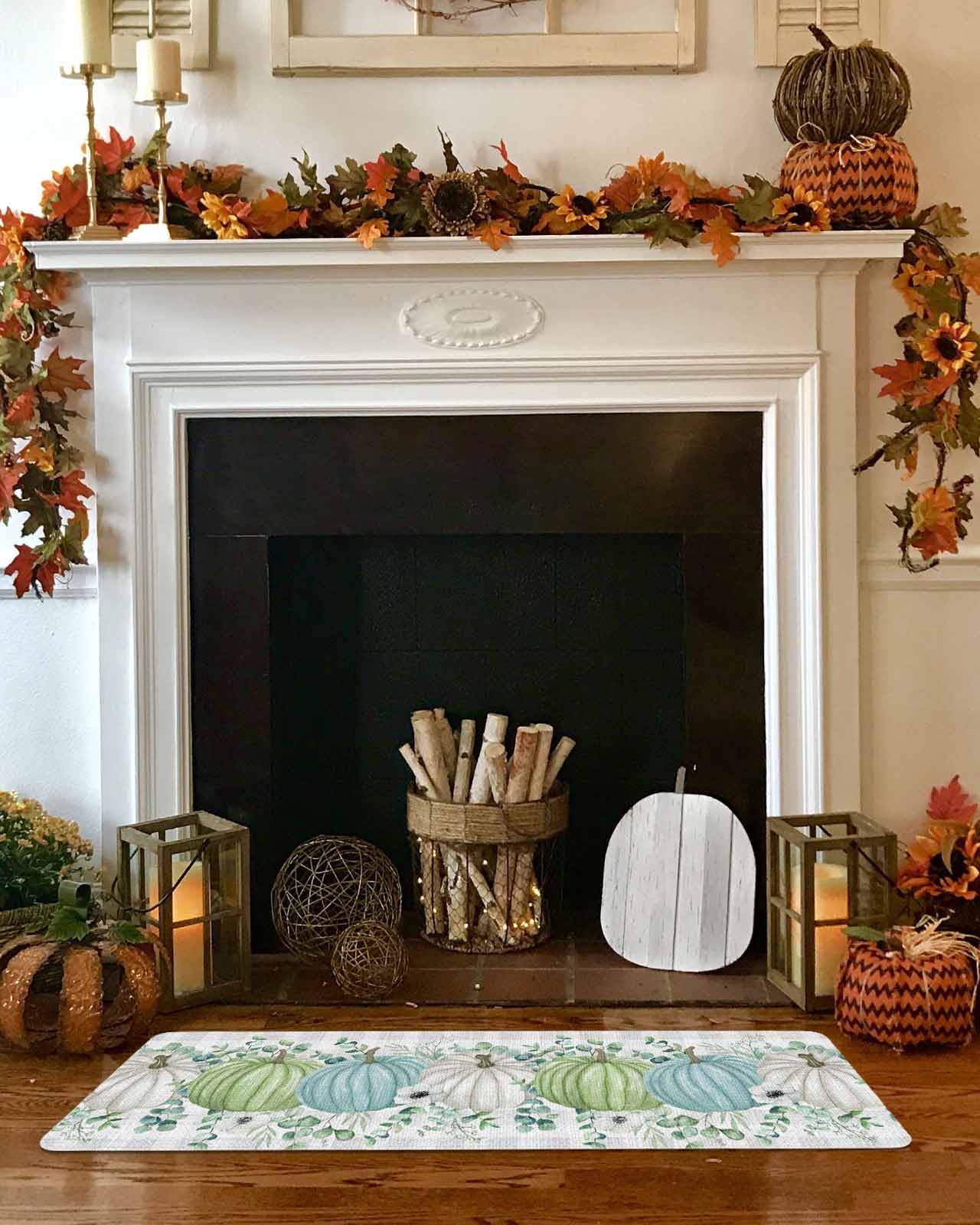 Fall Thanksgiving Kitchen Mat for Floor Autumn Pumpkins Eucalyptus Leaves Kitchen Runner Rug,Non Skid, White Blue Green Gray Pla