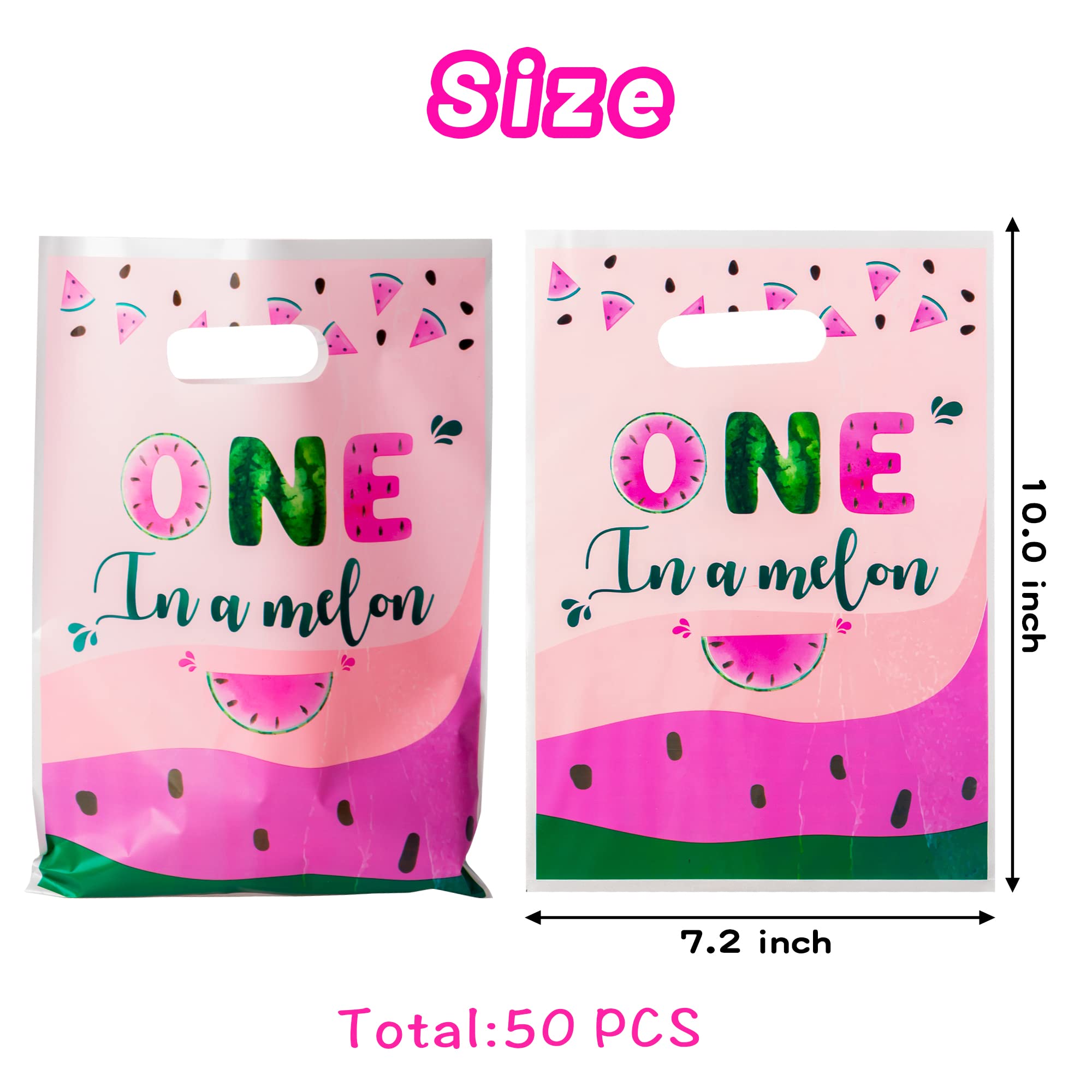 3Sscha 50Pcs One In A Melon Party Favor Bag Watermelon Themed Waterproof Goodie Bag With Die Cut Handles Summer Glossy Plastic C