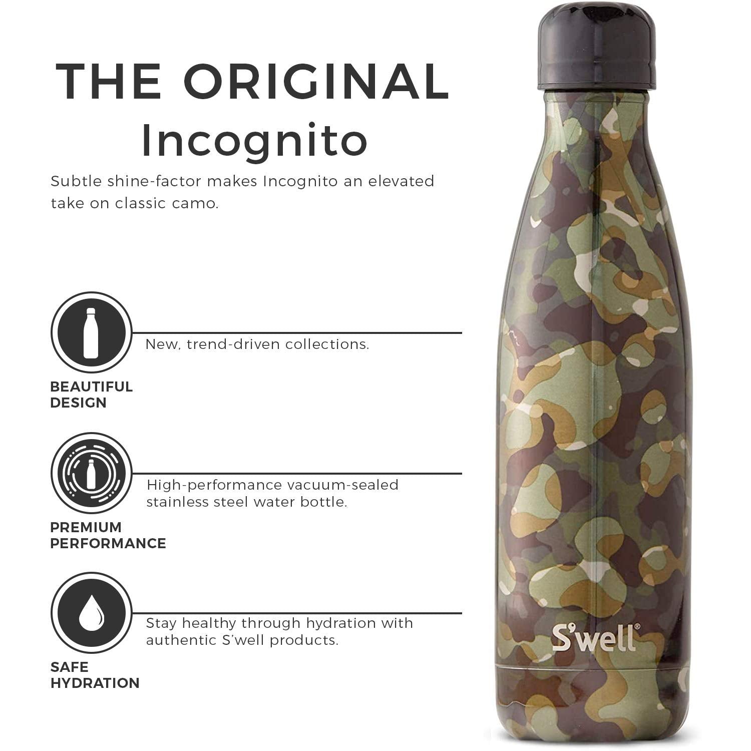 S'Well Stainless Steel Water Bottle - 17 Fl Oz - Incognito - Triple-Layered Vacuum-Insulated Containers Keeps Drinks Cold For 41