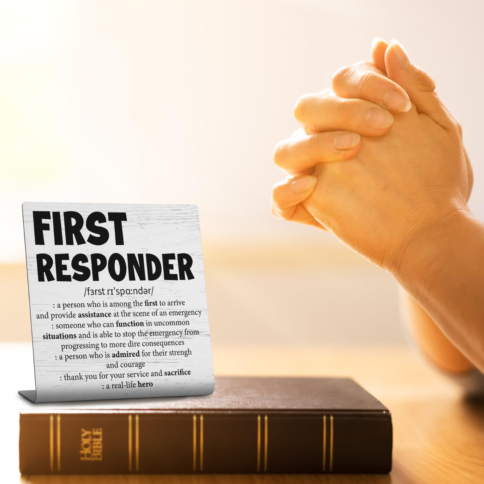 First Responder Definition Desk Decorative Sign, Thin Line Flag Tribute Gift for EMS Police Fire Dispatch Military Hero Graduati