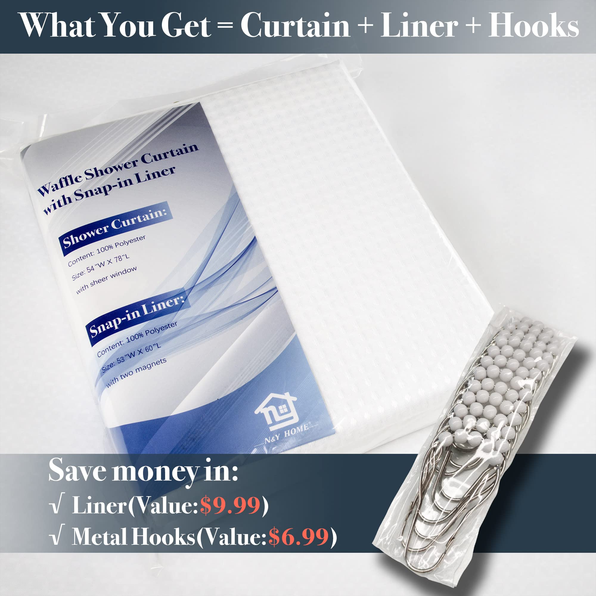 N&Y Home Stall Waffle Shower Curtain With Snap-In Fabric Liner & Hooks Set - 54'' X 78'' Shower Stall Size, Hotel Style & Mesh T