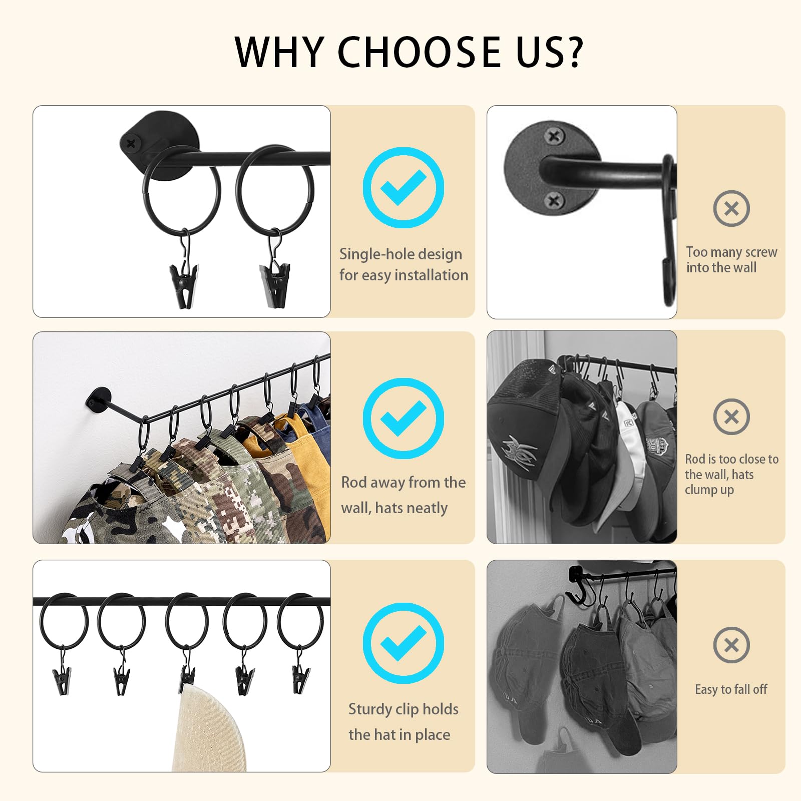 Viklluyr Hat Wall Rack Cap Organizer: Baseball Hat Racks Display Holder With 20 Hooks - Modern Metal Black Hats Storage Wall Mou