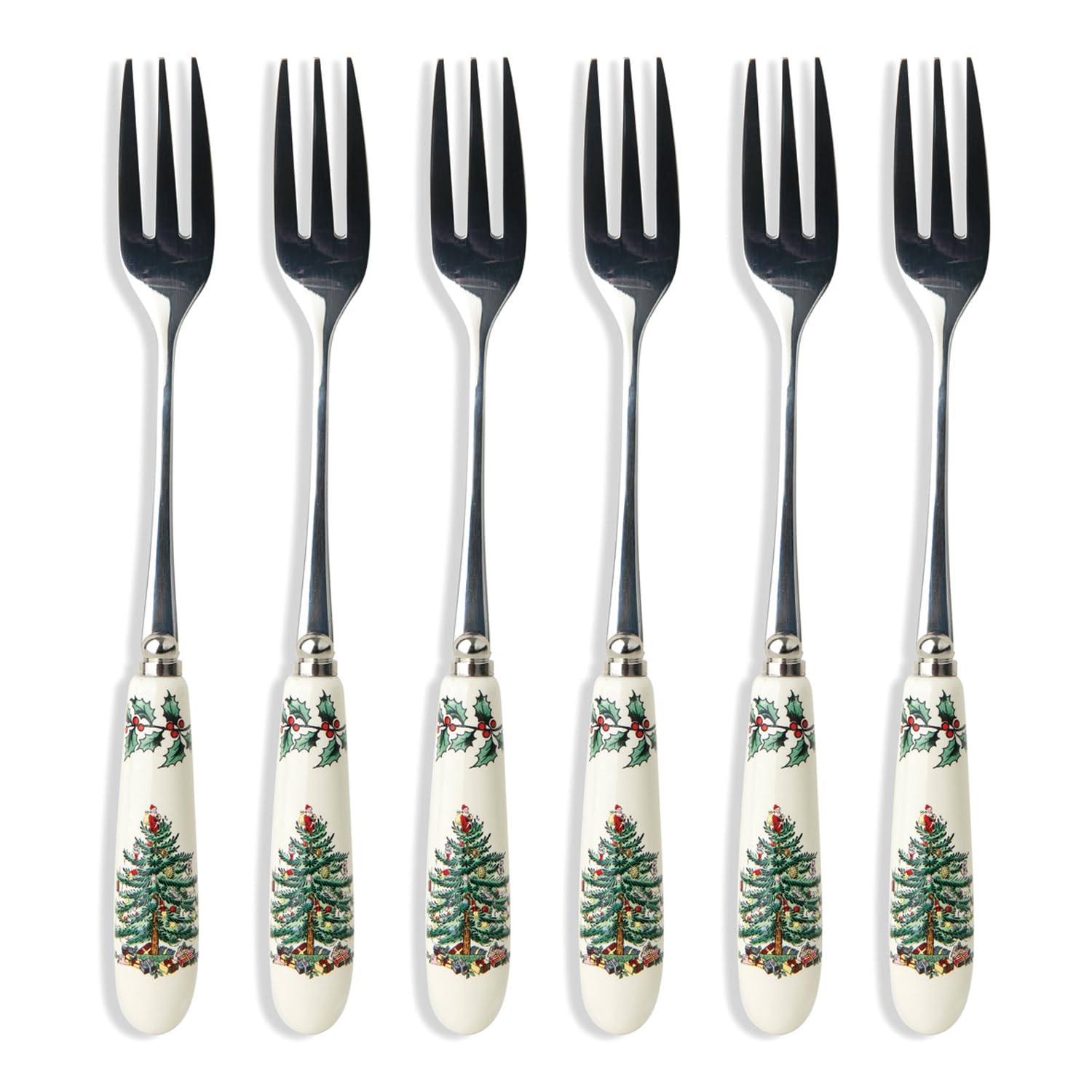 Portmeirion Christmas Tree Pastry Forks (Set of 6), Stainless Steel Forks with Porcelain Handles for Holiday Meals, 6-Inch Festi