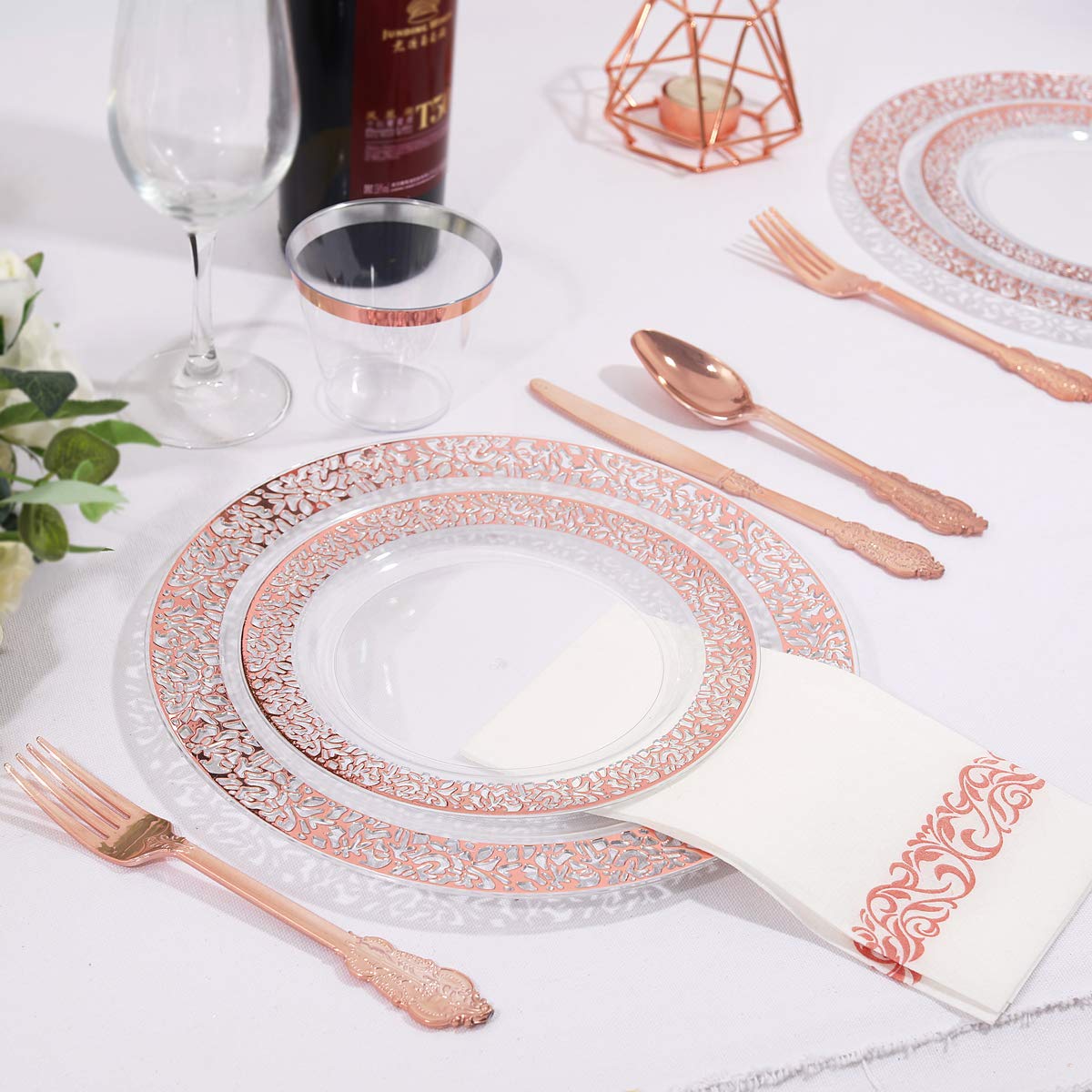 I00000 50 Guests Clear Rose Gold Plastic Plates - Disposable Valentine Plates Includes: 100 Clear Rose Gold Plastic Plates, 150