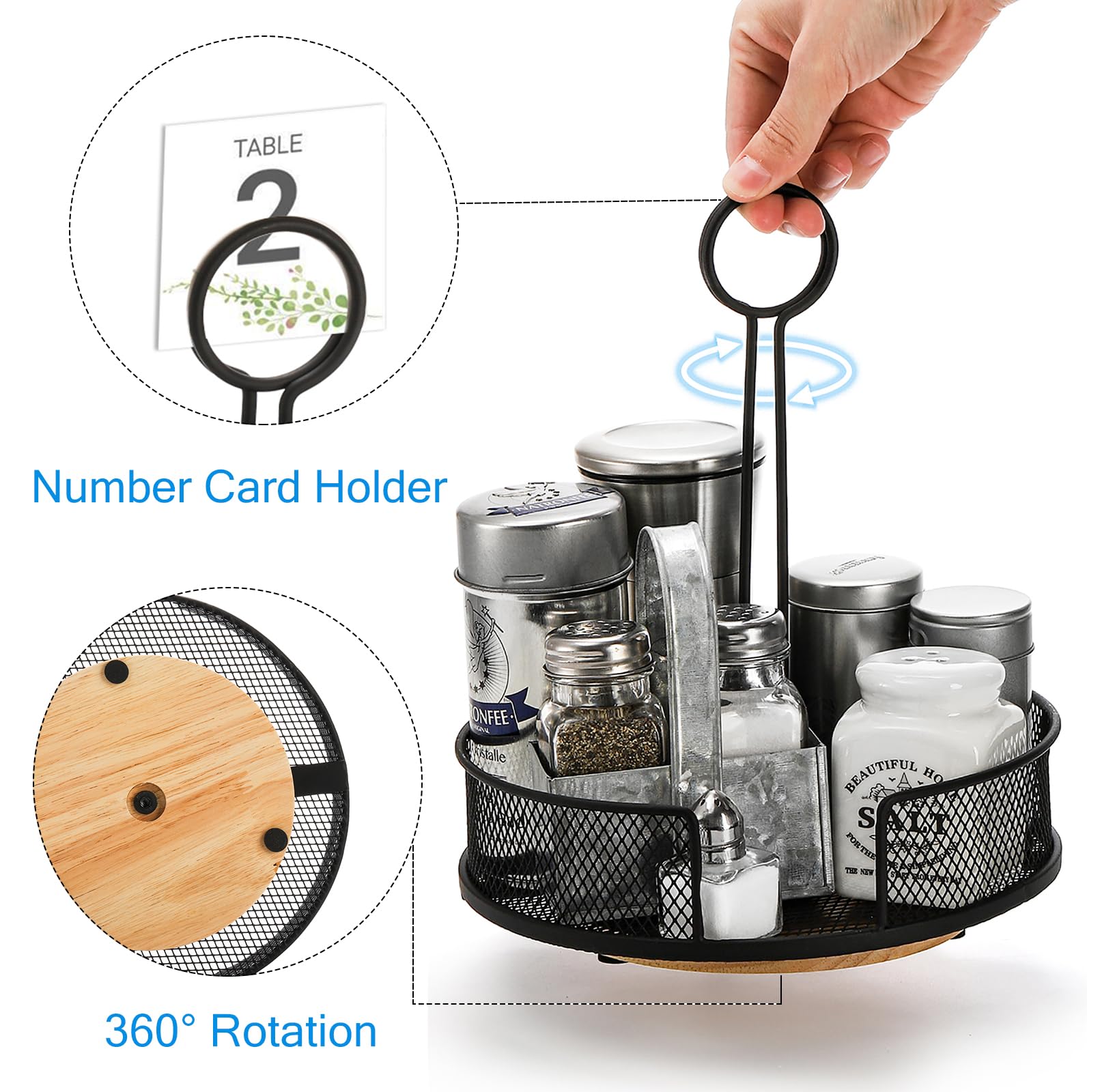 Yesland 2 Pack Metal Rotating Condiment Caddy With Number Card Holder, 7.75 Inch Round Table Caddy With Wooden Base Black Coated