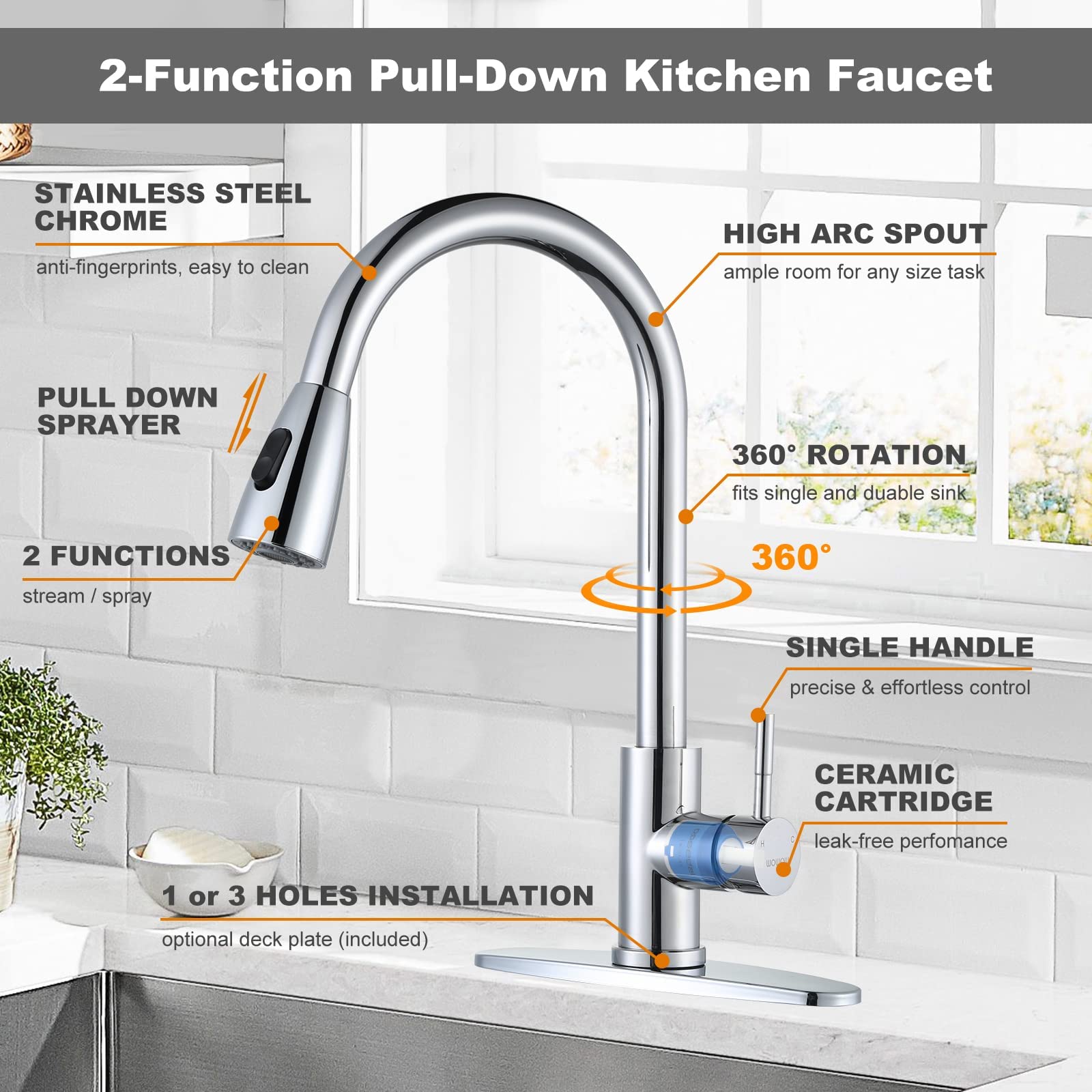 Chrome Kitchen Faucet with Sprayer  WOWOW Pull Down Kitchen Sink Faucet Stainless Steel Utility Sink Faucet with Deck Plate  Kitchen Tap for RV  Laundry  Bar