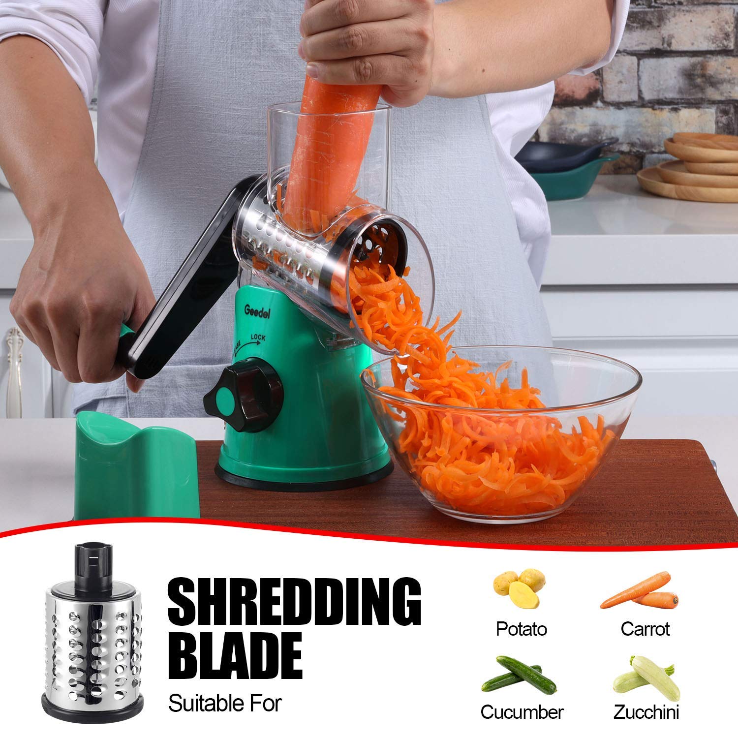 Geedel Rotary Cheese Grater With 3 Interchangeable Blades, Kitchen Mandoline Vegetable Slicer For Fruit, Nuts , Easy To Clean