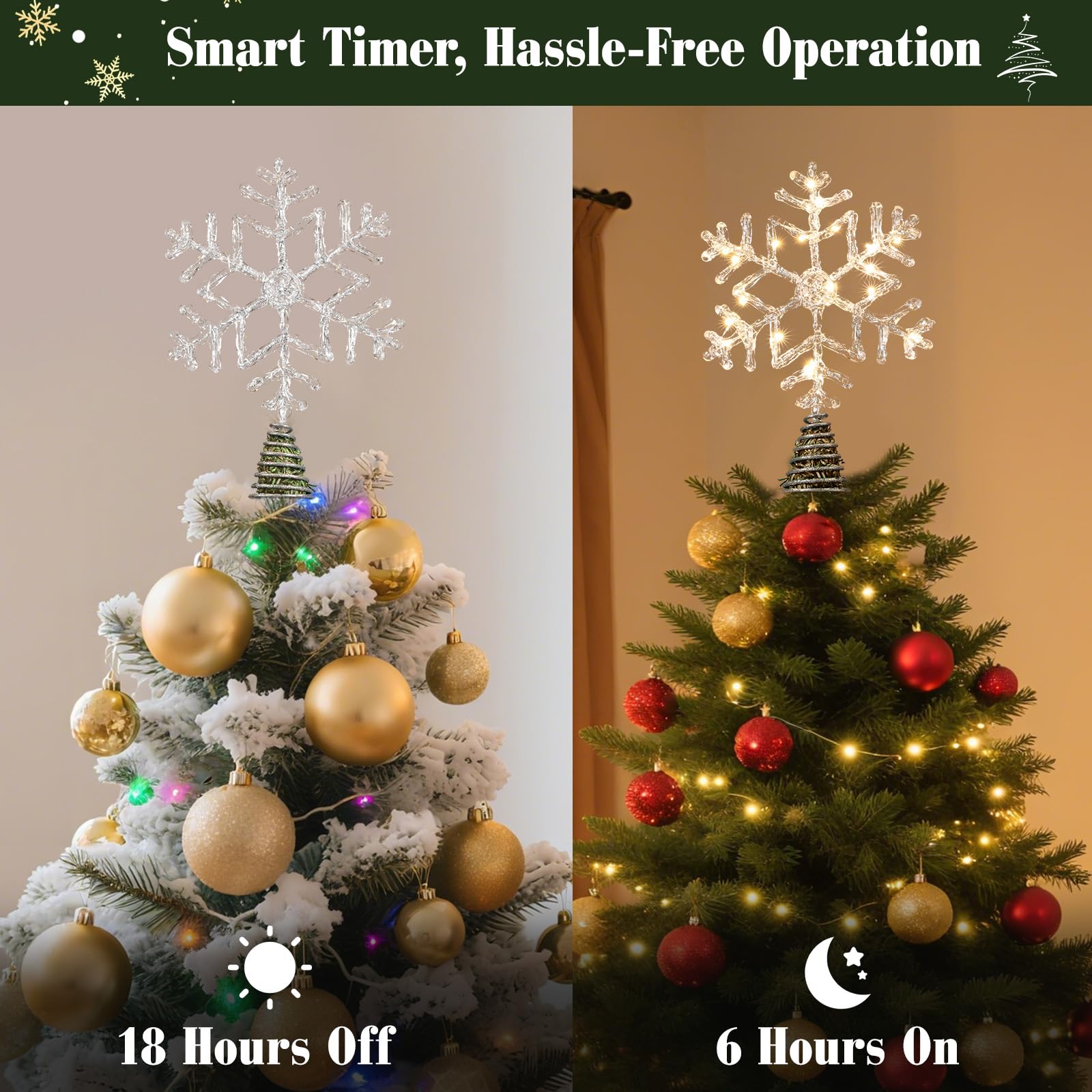 Lewondr Christmas Snowflake Tree Topper, 12.2 Glittered Epoxy Xmas Tree Topper with 20 LED Bulbs, 6 Hrs Timer and 8 Modes USB