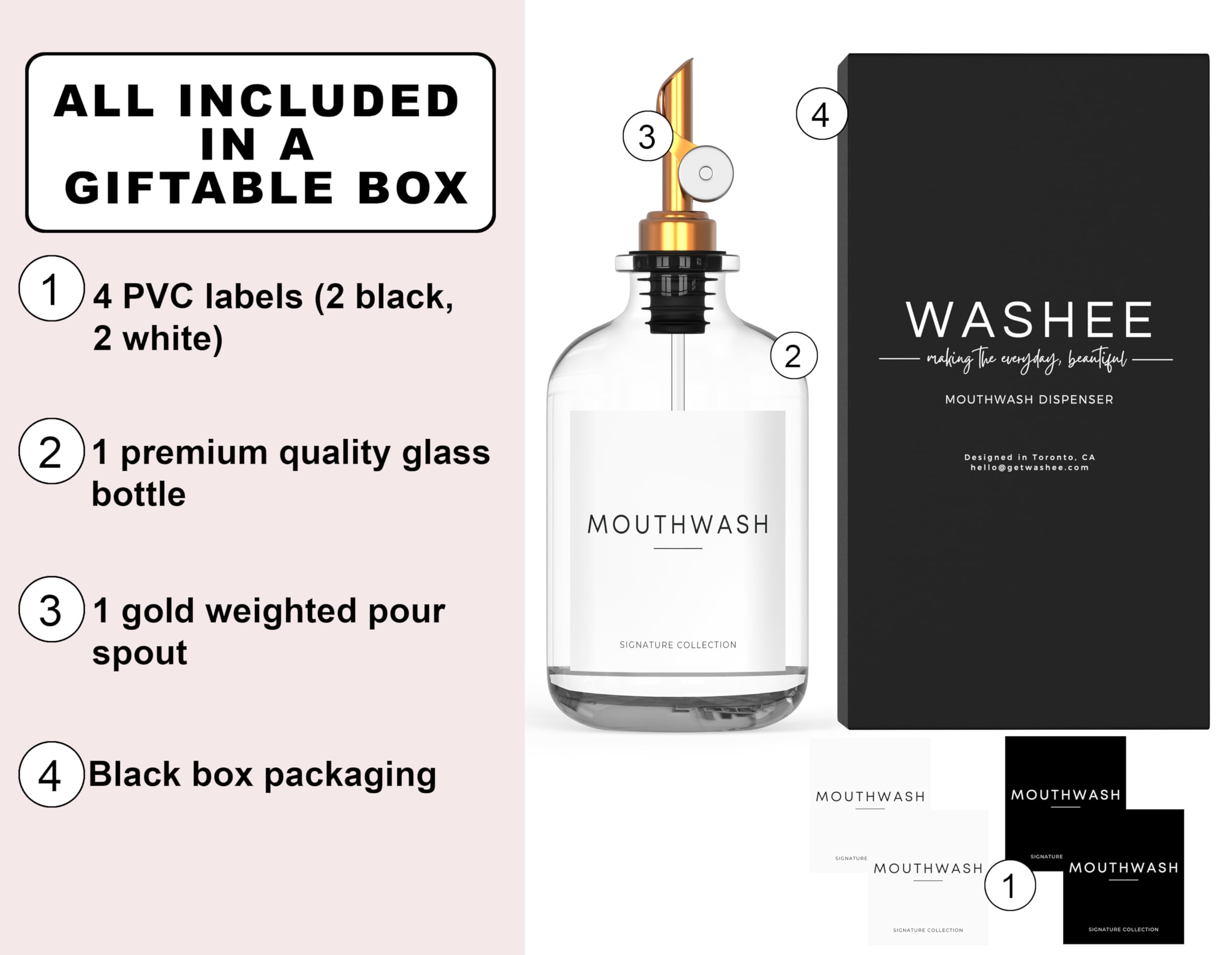 Washee Mouthwash Dispenser For Bathroom - Glass Mouthwash Container (12.7 Oz) With Weighted Pour Spout & 4 Mouthwash Bottle Labe