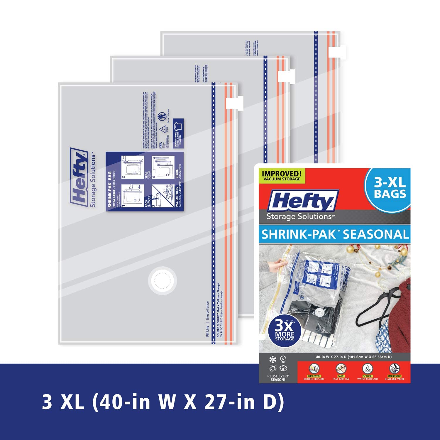 Hefty Shrink-Pak - 3 Extra Large Vacuum Storage Bags For Storage For Clothes, Pillows, Towels, Or Blankets - Space Saver Vacuum