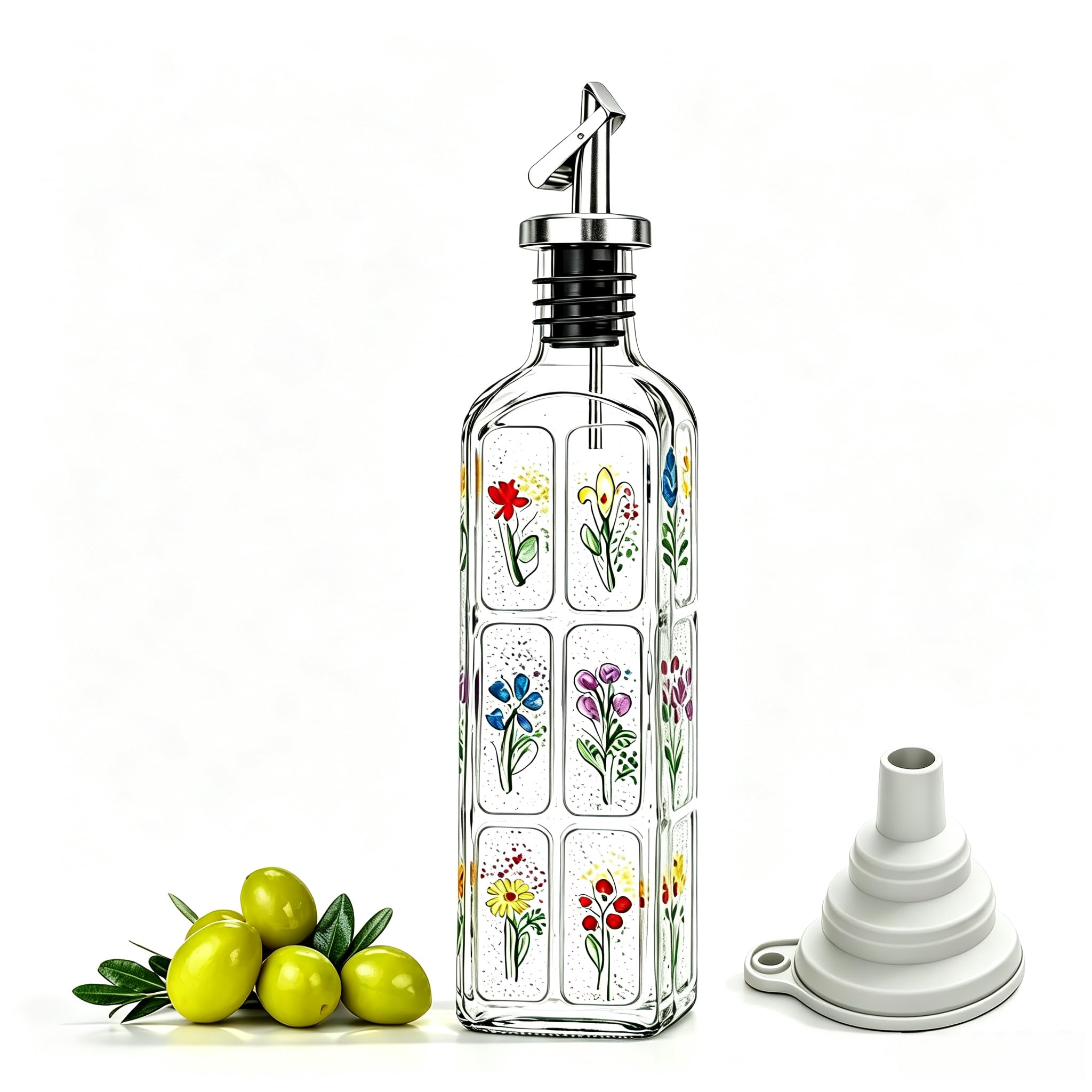 Glass Olive Oil Bottle Dispenser with Stainless Steel Nozzle Plug, 500ml Flowers Bouquet Embossed Square Oil and Vinegar Cruet, 